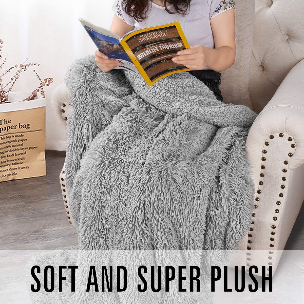 Andecor Soft Fluffy Faux Fur Throw Blanket - 50 x 60 Inches Plush Lightweight Warm Shaggy Fleece Blankets for Bed Couch Sofa Chair Home Decorative, Grey