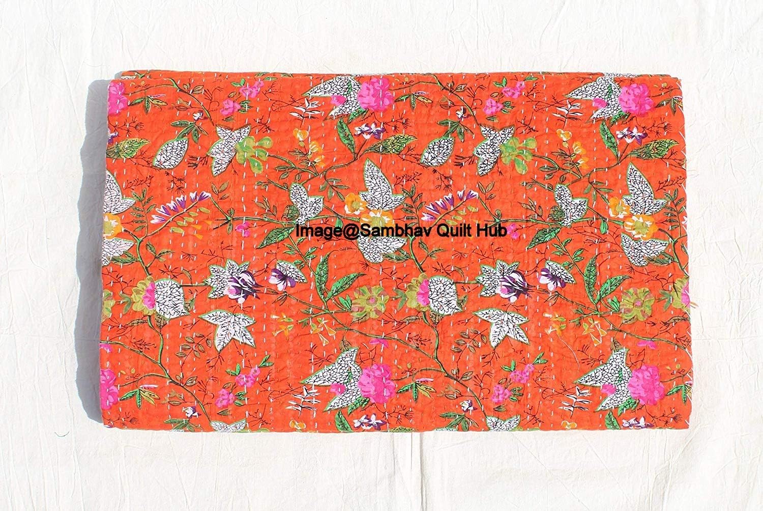 Queen/Twin/King Orange Handmade Kantha Bird of Paradise Print Quilting Kantha Quilt Kantha Blanket Bed Cover Kantha Bedspread Bohemian Bedding Kantha Blanket Throw (90X108 inches)