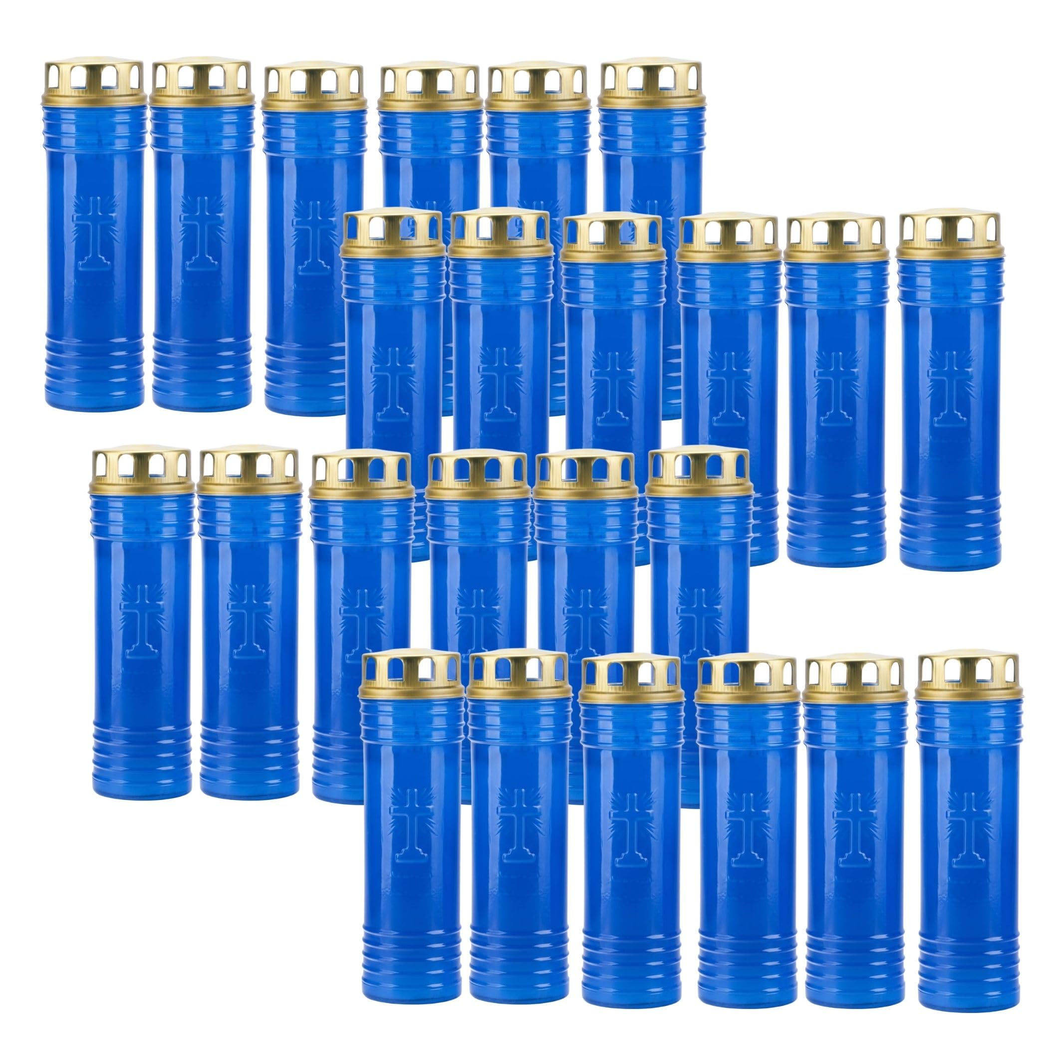 Bougie Cierge avec Couvercle de Sécurité 60LL – 24,5 cm | Longue Durée pour Cimetière, Extérieur et Cérémonies | Flamme Stable avec Protection | Pack 24 Unités (24, Bleu)