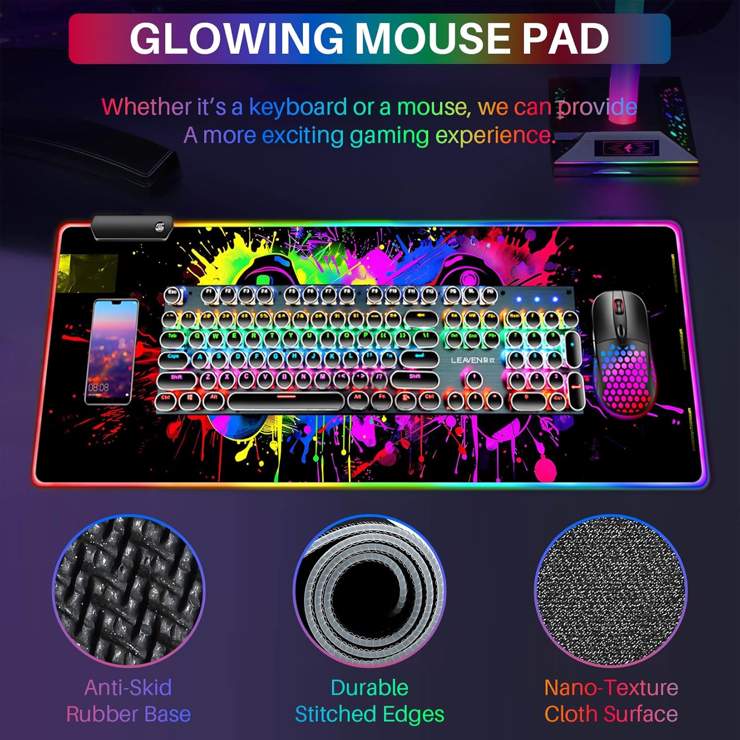 XL Led Gaming Mouse Pad with 14 Light Modes - Light Up Gamer Mouse Pad,31.5 x 11.8in Non-Slip Gamepad Style RGB Large Gamer Mousepad,Black Long Glowing Gaming Accessories for Desk,Waterproof