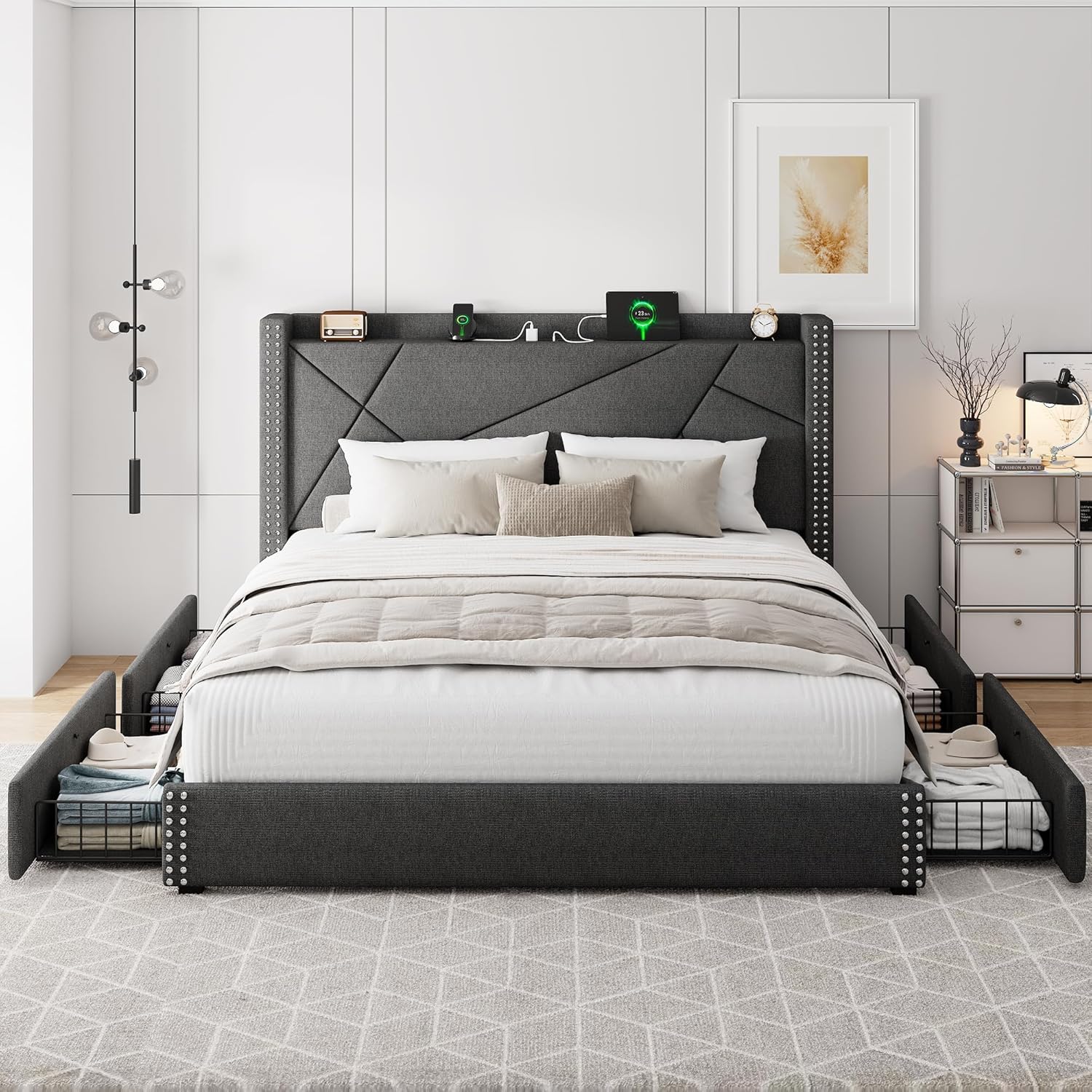 iPormis King Size Bed Frame with 4 Storage Drawers, Upholstered Headboard Bed with Charging Station, Solid Wooden Slats Support, Easy Assembly, Dark Gray