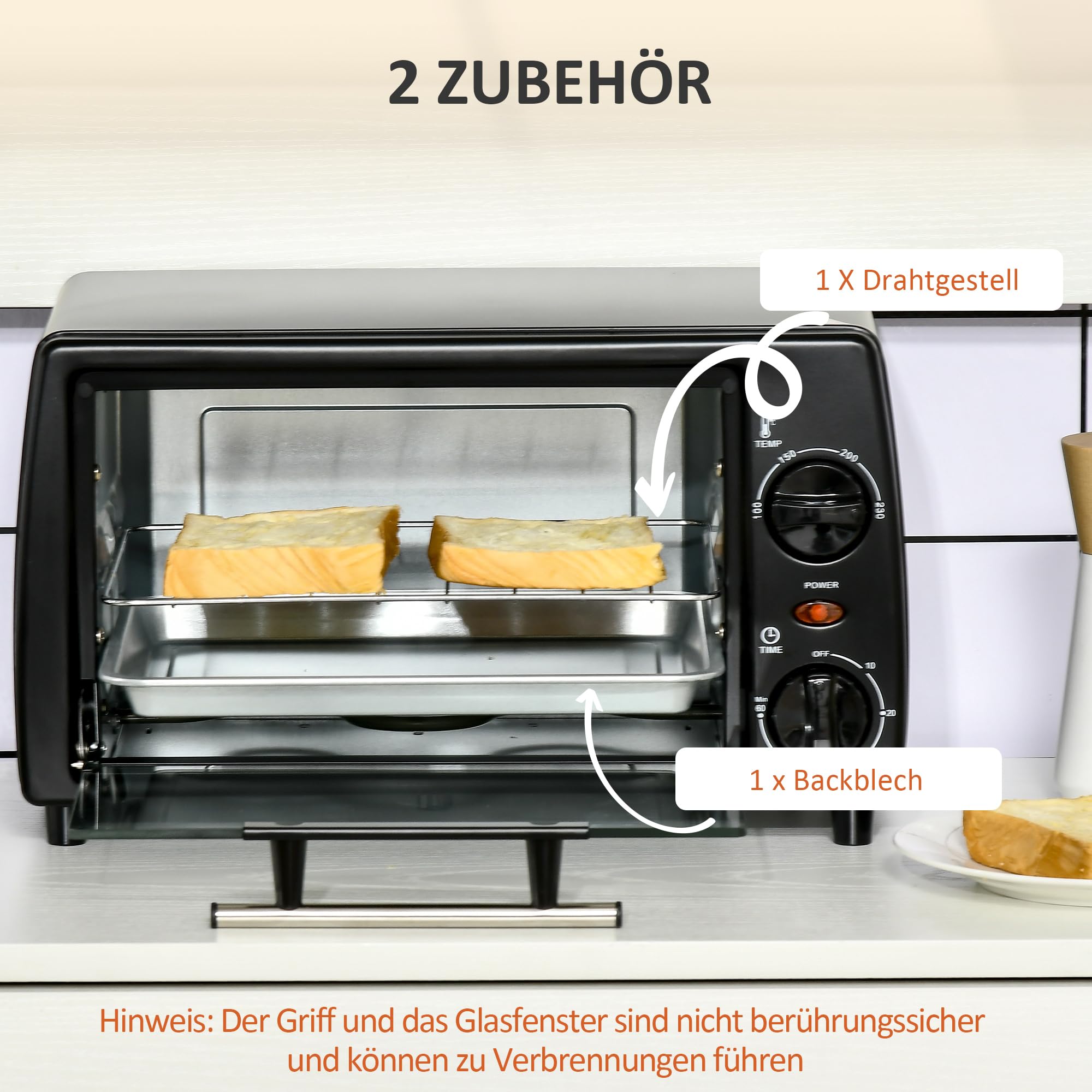 HOMCOM Mini Backofen 10 L 750W 100-230℃ 60 Min. Timer mit Backblech, Grillrost und Herausnehmbarer Bodenschale, Pizza-Ofen, Schwarz