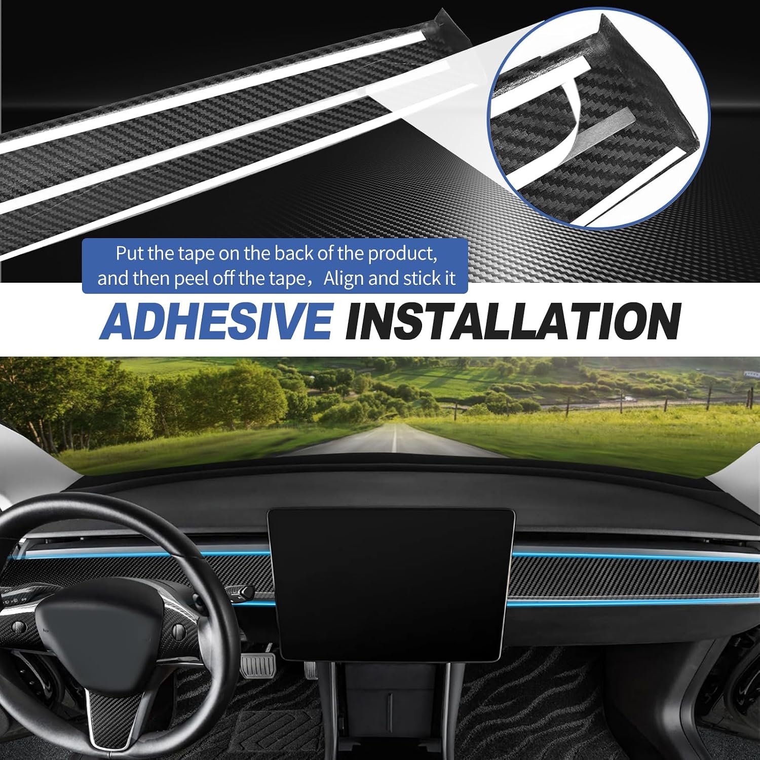 Real Carbon Fiber Dashboard Trim Cover Compatible with Tesla Model 3 / Y 2017-2023, Dashboard Wrap Cover Compatible with Model 3 Interior Trim Strip Cover Model Y Accessories, Black