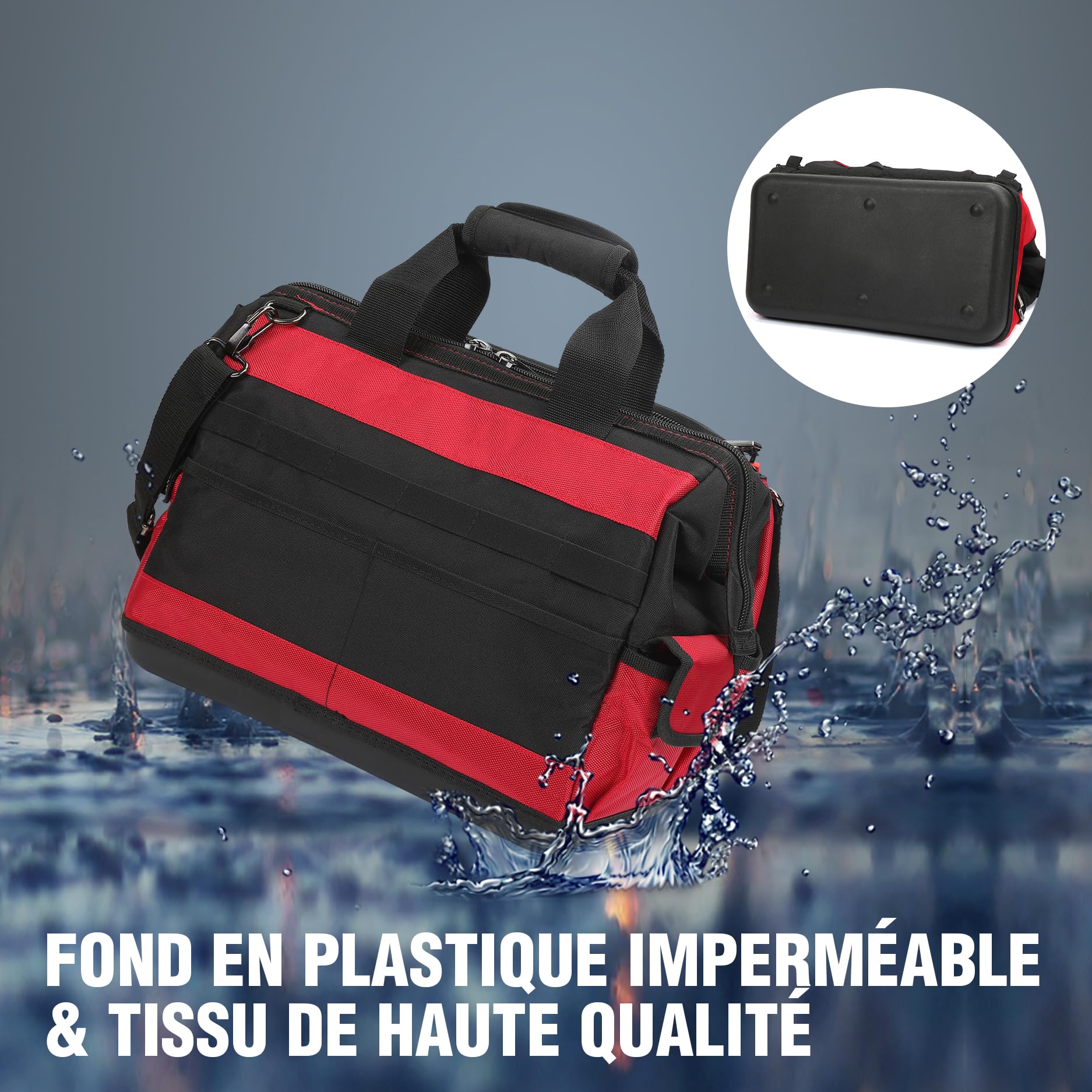 WORKPRO Sac à Outil avec 39 Poches 42 x 25 x 34 cm, Sac Porte-outils avec Grande Capacité, Fond Dur Etanche, Bandoulière Large Réglable, Zip Flexible, Charge Maximale 28 KG