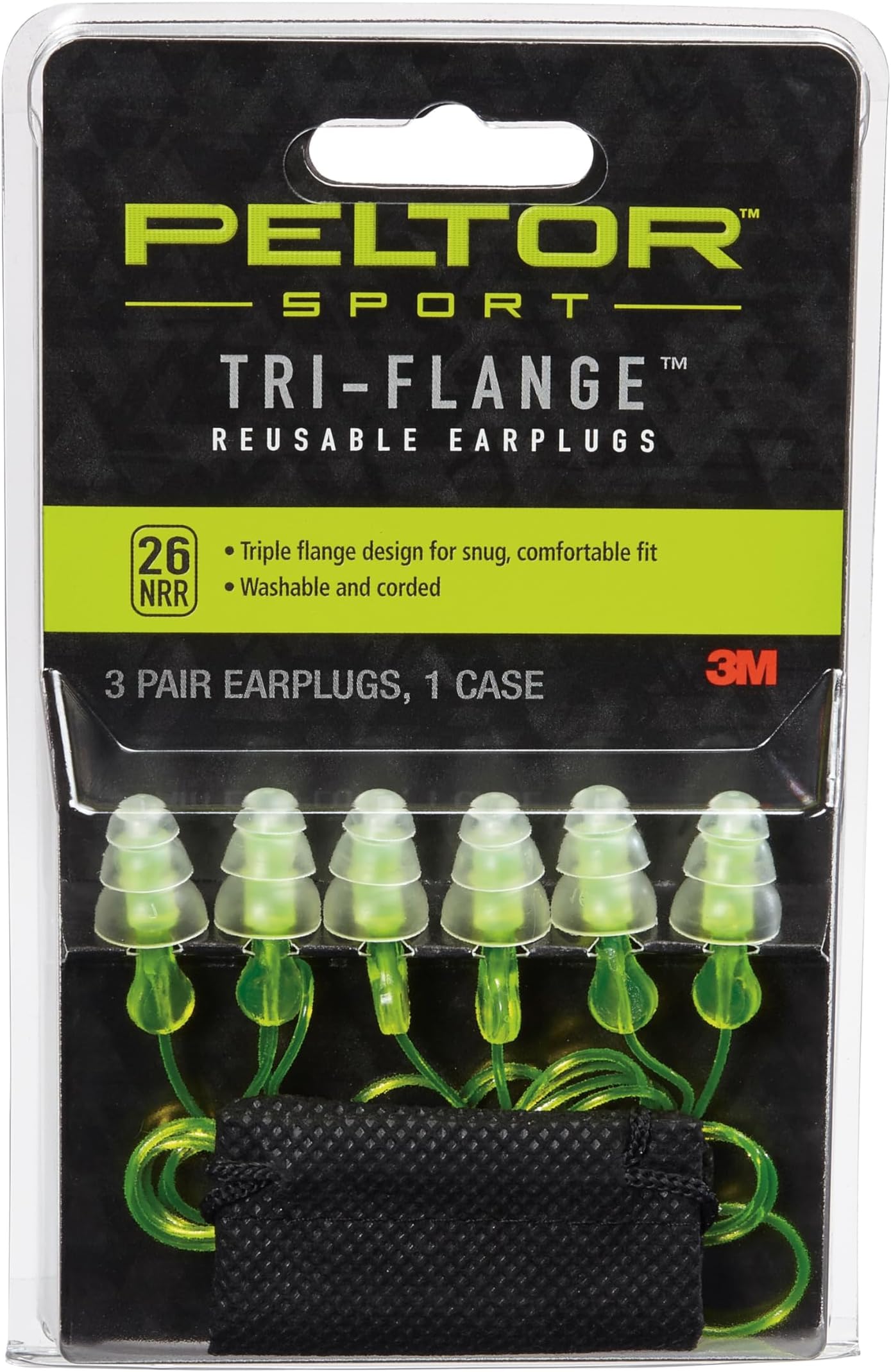 Sport Tri-Flange Corded Reusable Earplugs, 3-Pair Per Pack