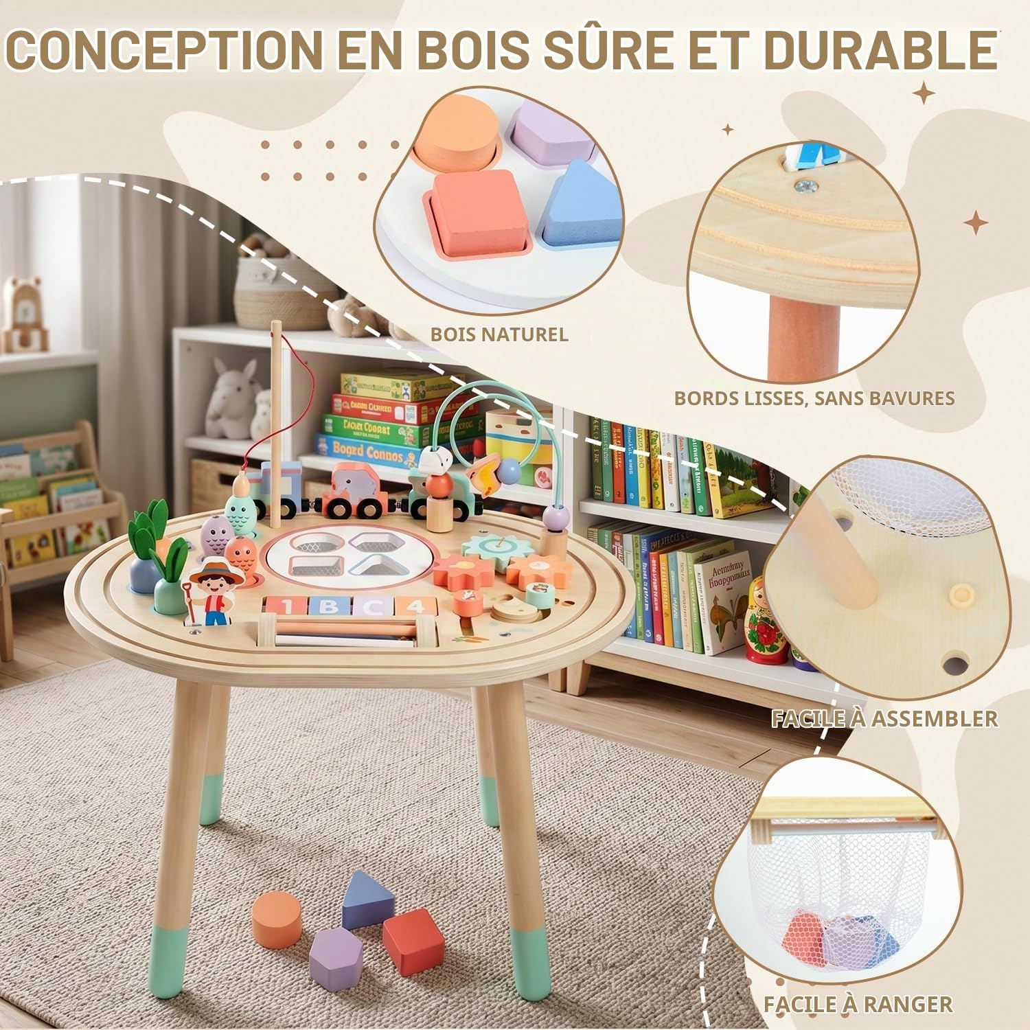 10-en-1 Table D'activités Bébé, Jouets en Bois Montessori 1 2 3 Ans | Jouet Éducatif Sensoriel avec Jeu de Pêche, Trieur de Formes, Jeux de Motricité, Cadeau Anniversaire Noël Fille Garçon