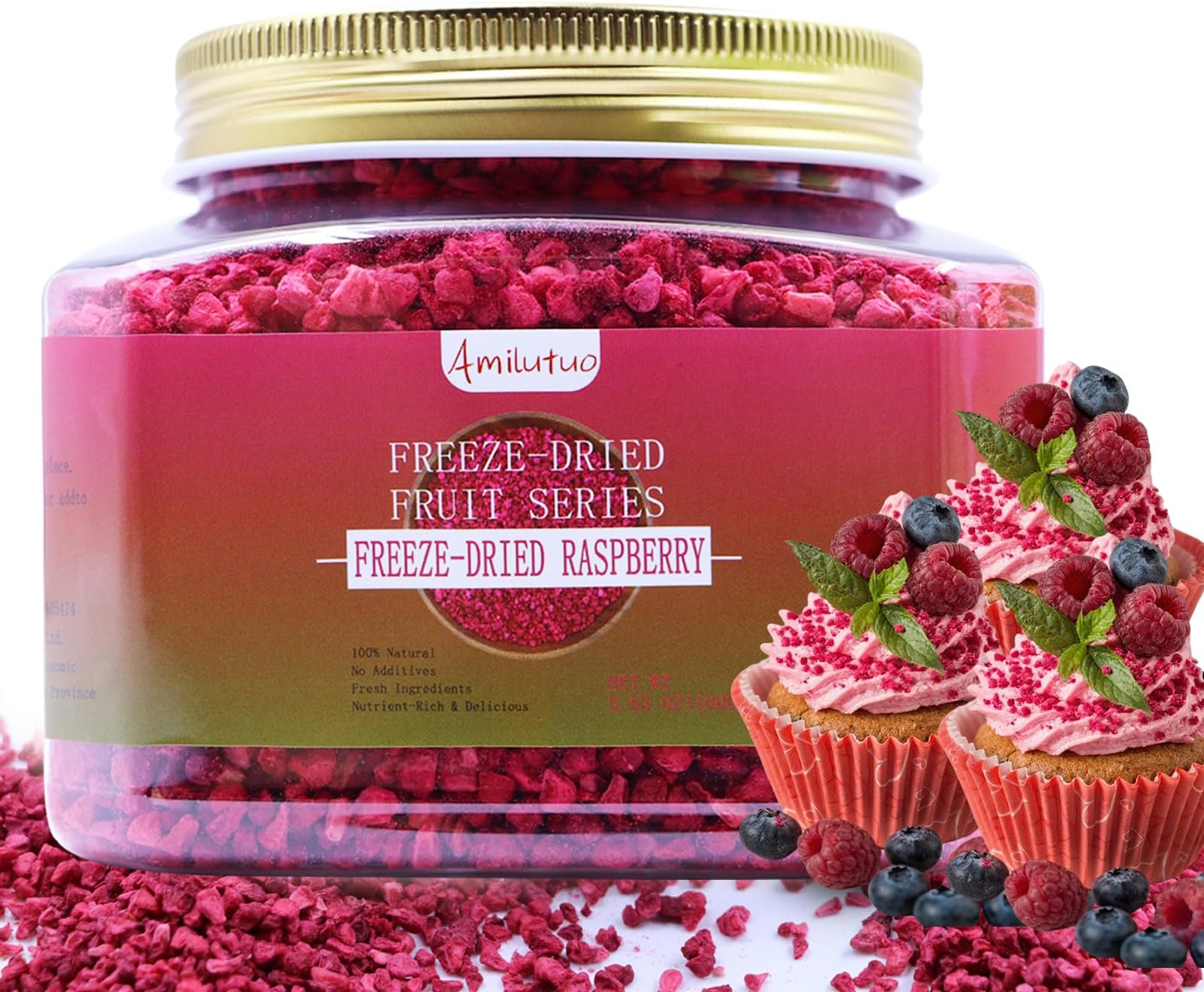 Freeze Dried Raspberries, 100g/3.52OZ Freeze Dried Fruit, Raspberries, No Sugar Added, Fruit Snacks, Raspberries Pieces for Cakes, Muffins or Cookies