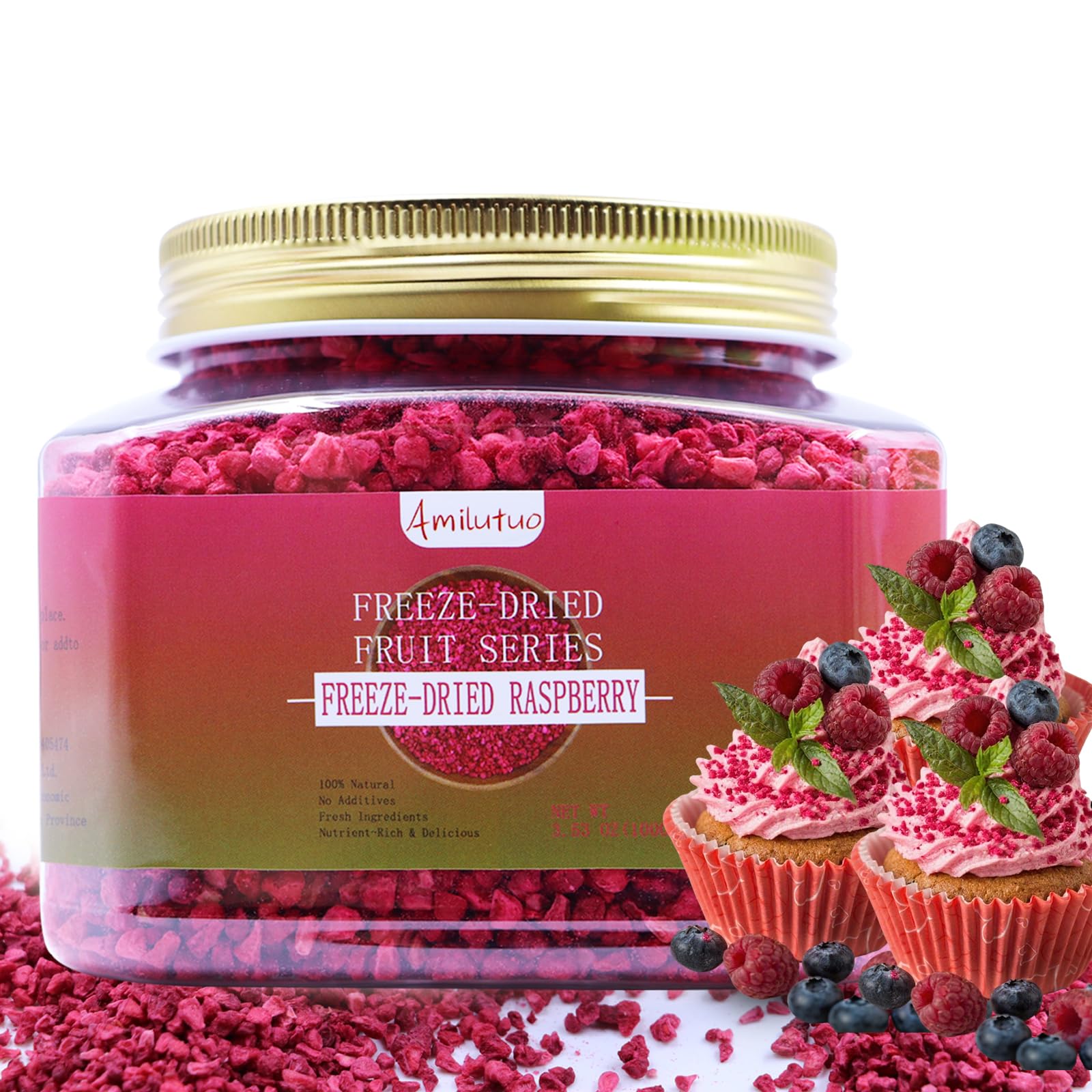 Freeze Dried Raspberries, 100g/3.52OZ Freeze Dried Fruit, Raspberries, No Sugar Added, Fruit Snacks, Raspberries Pieces for Cakes, Muffins or Cookies