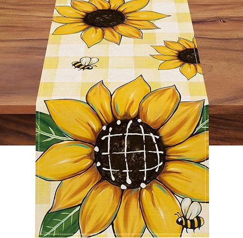 Seliem Camino de mesa con flores florales de girasol de primavera decoración de mesa de comedor de cocina arpillera de verano de abeja decoración