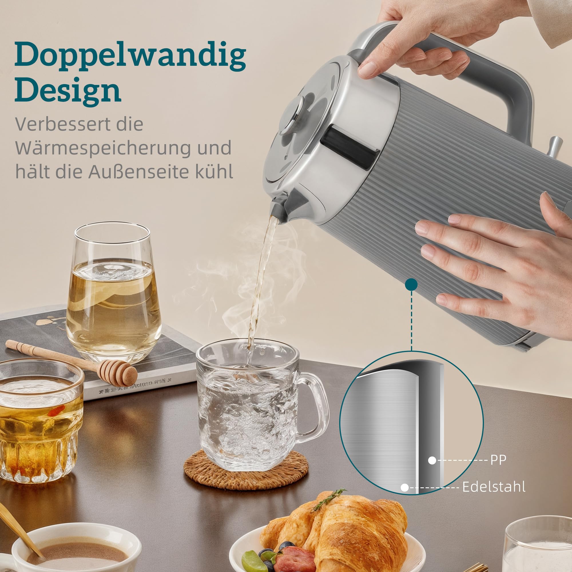 HOMCOM Juego de tostadora para hervidor de agua, 1,7 L, 2200 W, hervidor de agua rápido con interior de acero inoxidable, filtro de descalcificación, carcasa de sensación de refrigeración, termostato