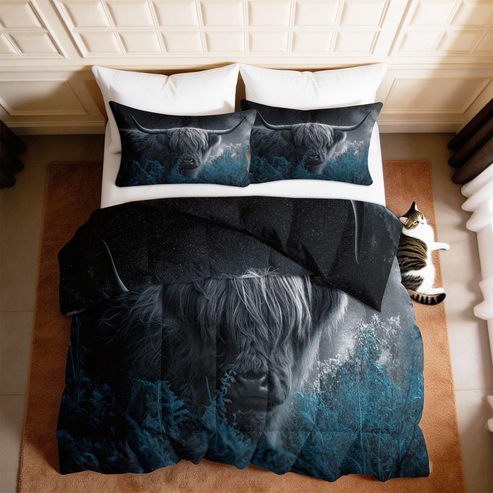Kołdra fotograficzna ze zwierzętami, 4 pory roku, 200 x 200 cm, ciepła kołdra, lekka kołdra dla nastolatków i dorosłych, krowa Highland, rośliny gałęzie, trawa, kołdra bez poszewek i 2 poszewki na