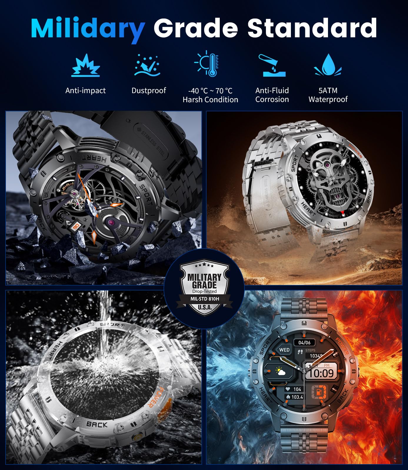 FITFLEX Smartwatch da uomo con chiamate Bluetooth/530 mAh, 1,43" Amoled Smartwatch Uomo con 120+ modalità sportive/cardiofrequenzimetro, sonno, IP68 impermeabile pedometro per Android iOS