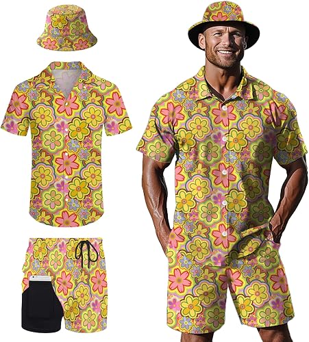 Nhjk Retro 70 Flowers Mens Hawaiian Shirt And Short Set Shirt And Short Beach Ca