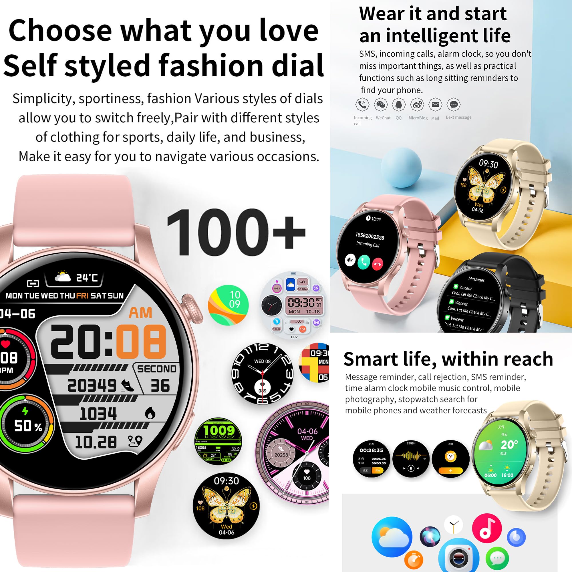 Montre Connectée Femme, 1,43" AMOLED Smartwatch avec Appel Bluetooth 5,1/Numérotation, 123 Modes Sportifs, Cardiofrequencemètre, Podometre Moniteur de Sommeil, Fitness Tracker pour Android iOS (Rose)