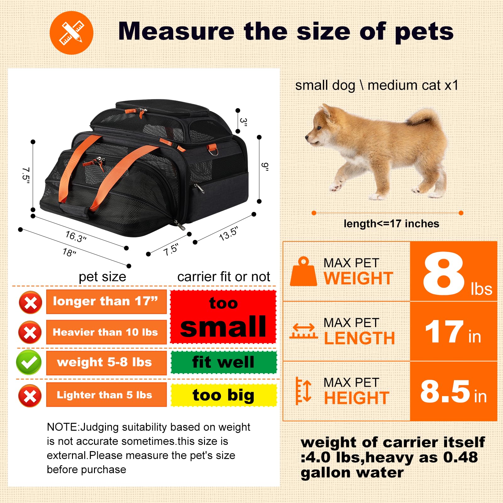 pidipiti Transportador de mascotas expandible superior y lateral aprobado por la TSA de 17.5 x 13.5 x 9 pulgadas para perros pequeños, cachorros, gatos de hasta 10 a 12 libras de peso y 17 pulgadas de