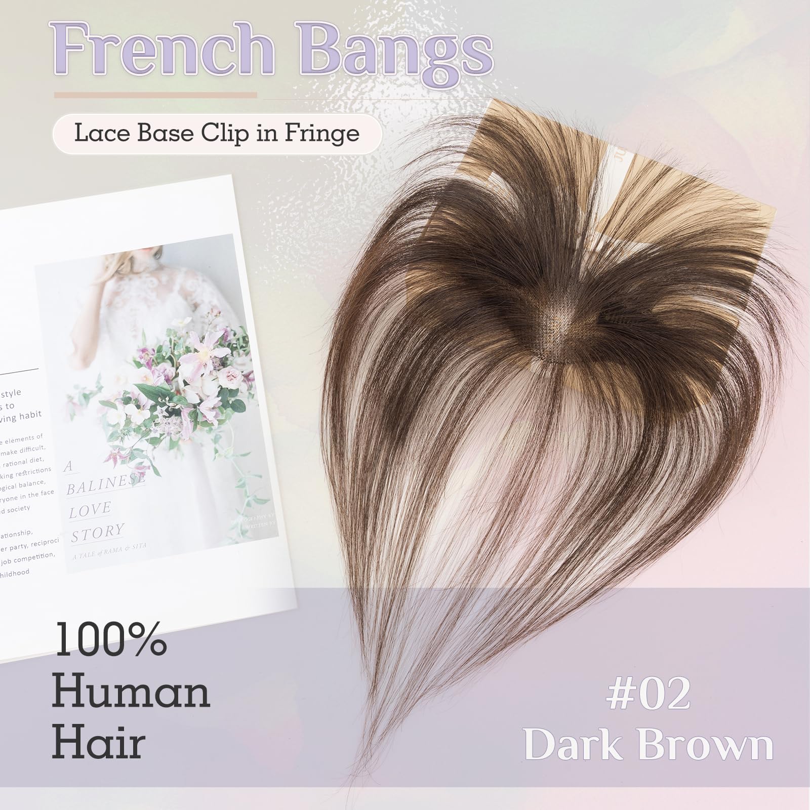 Elailite Clip in Fringe Human Hair Wispy French Bangs Real Hair Lace Base 360°Cover Top HairPieces 5 Inch - #02 Dark Brown - Image 3