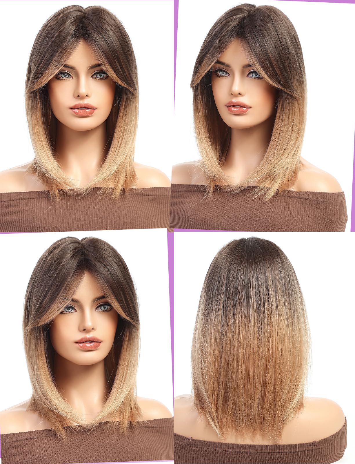 WOKESTAR Bob Wig with Fringe Short Ombre Champagne Blonde Color Wigs for Women Bob Style Synthetic Heat Resistant Bob Wigs - Image 2