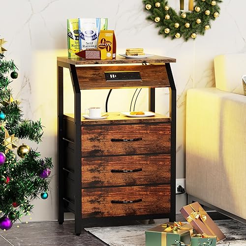 Miniatura 4 de Mesa auxiliar con estación de carga, mesita de noche con luces LED y 3 cajones, cómoda pequeña con almacenamiento de tela, mesa auxiliar retro para