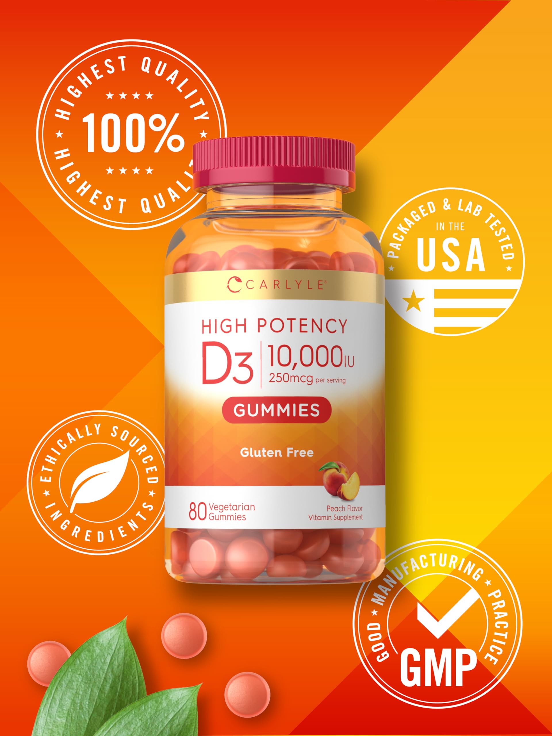 Vitamin D3 10000iu Gummies for Adults | 80 Count | Peach Flavored Gummy — Amazon image 6