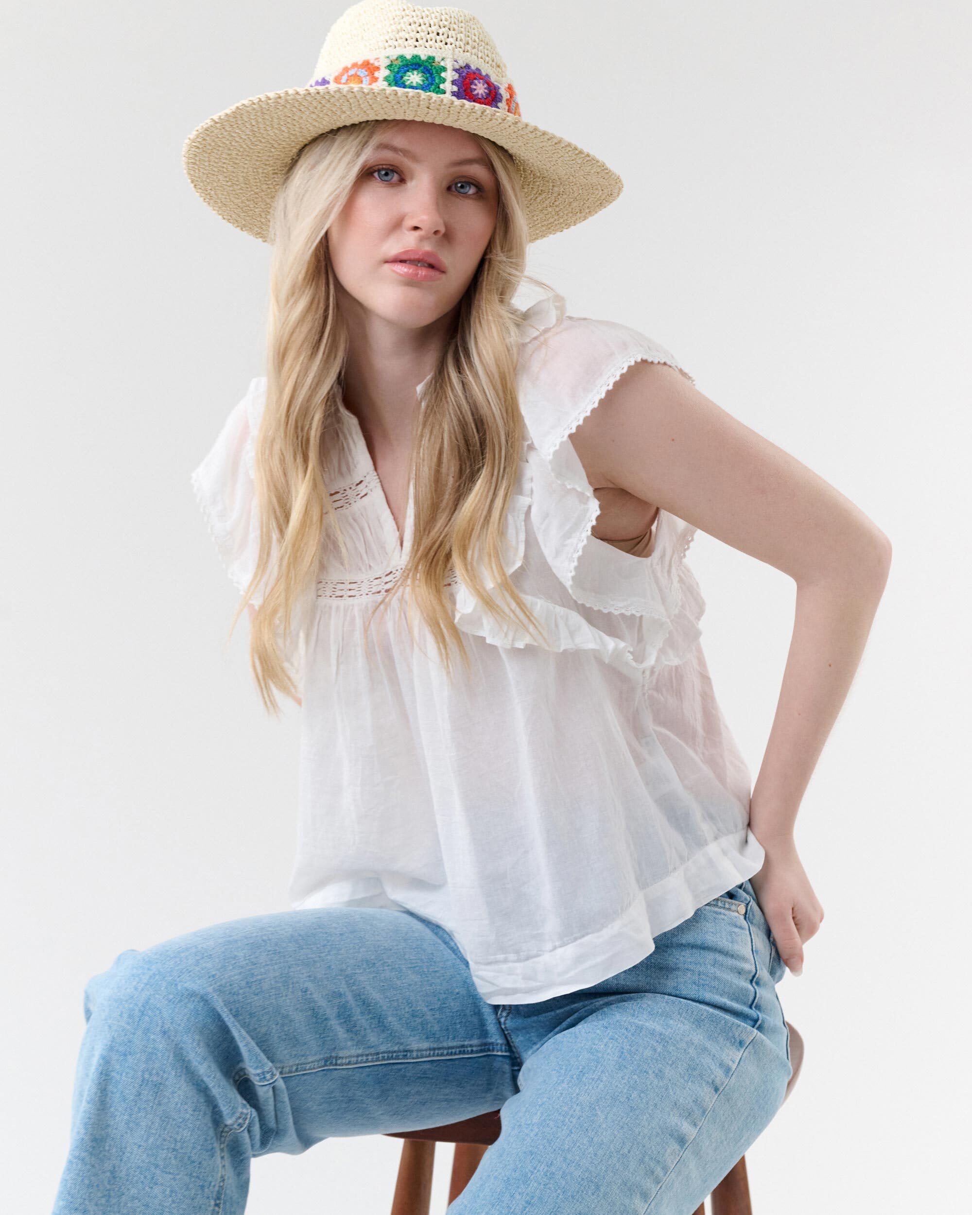 LOEVENICH Damen Fedora Hut gehäkeltes Papier Boho Blumen leicht atmungsaktiv 37 x 11 cm White Pepper