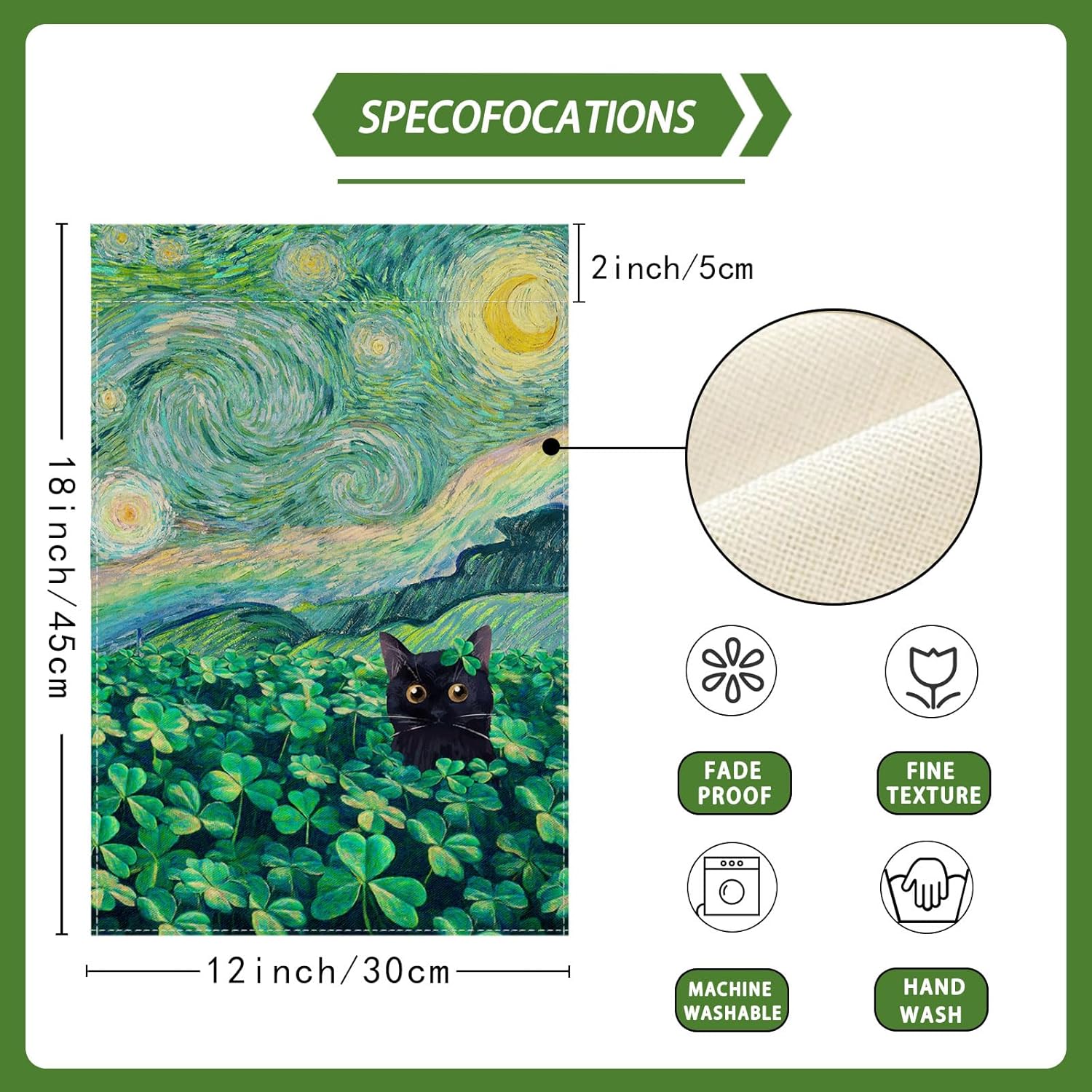 Shamrocks Clovers Cat Oil Painting Starry Night Sky Moon St. Patrick's Day Garden Flag 12x18 Inch Double Sided Small Mini Yard Flag Outdoor Outside Holiday Party Decoration - Image 7
