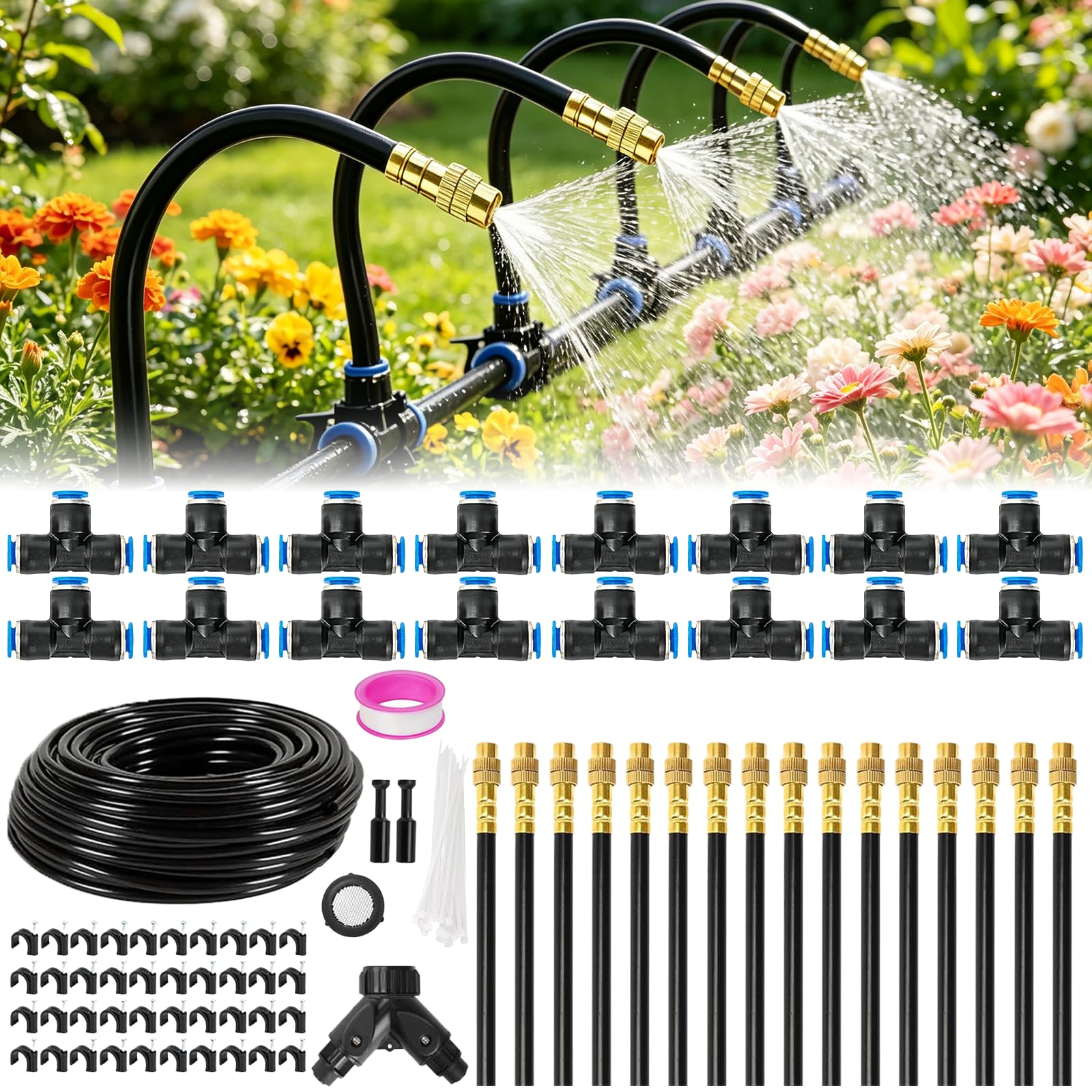 Nuoyiman Irrigation System Kit, 100 FT Quick-Connect Drip Irrigation Kits, Automatic Garden Watering System with 1/4" Fast-Lock Tubing - 34 Pcs 360° Adjustable Nozzles for Garden, Plants, Lawn