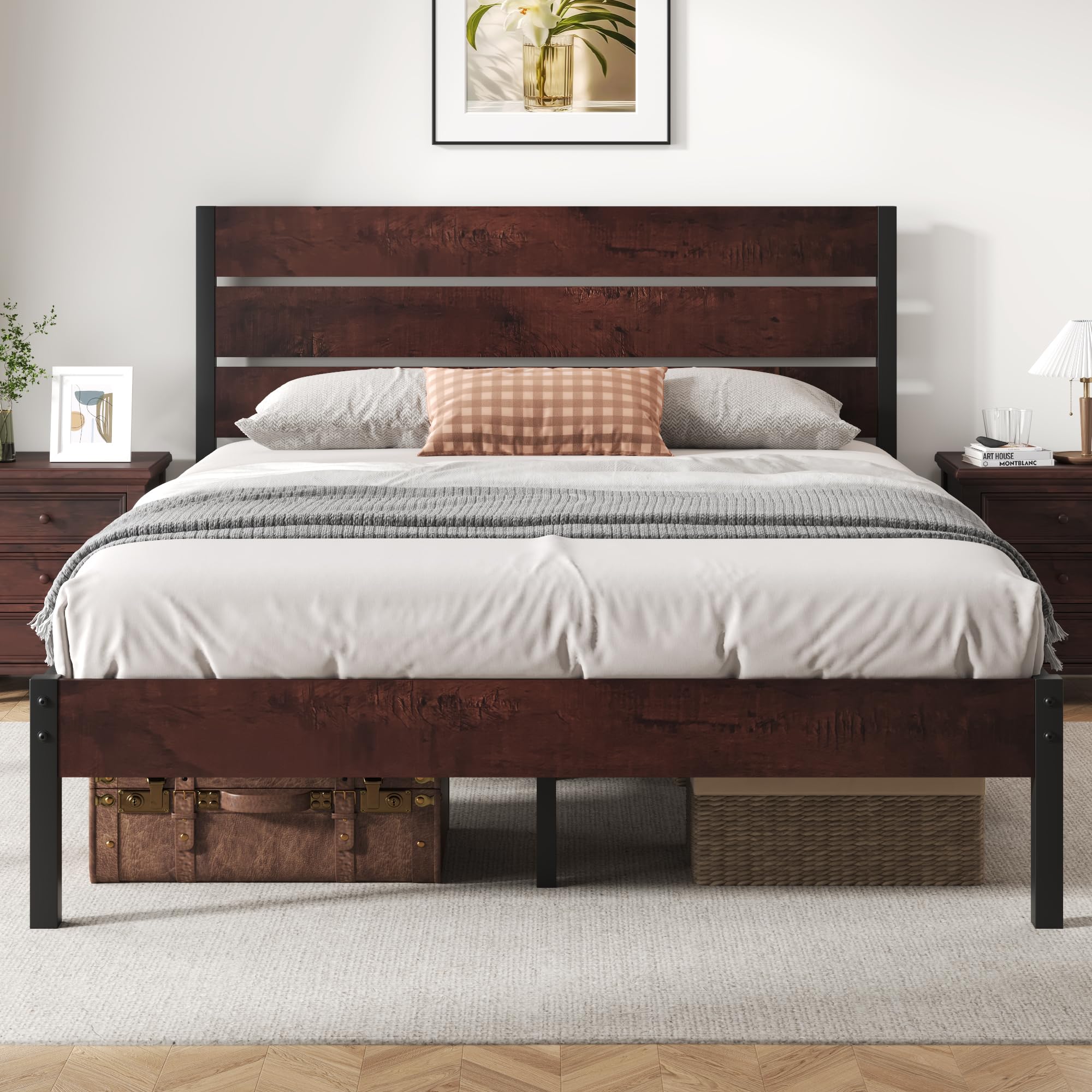 Fluest Queen Bed Frame with Headboard and Footboard, with Under Bed Storage, All-Metal Support System, No Box Spring Needed, Easy Assembly, Red Brown