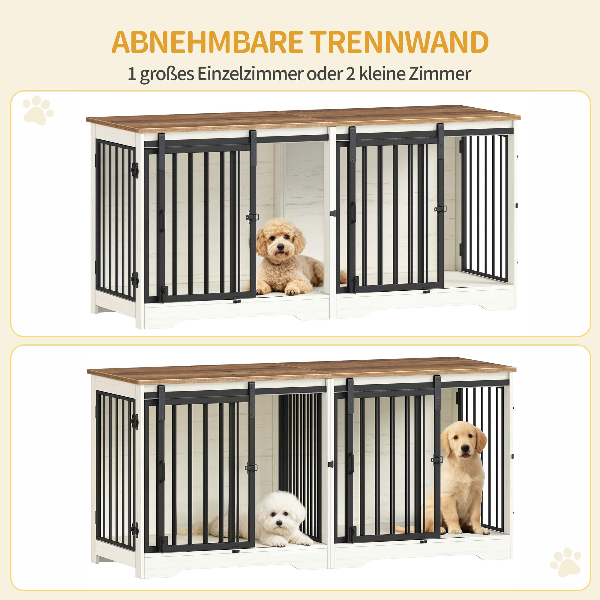 Hzuaneri Hundekäfig Möbel für 2 Hunde, Doppel-Hundekäfig mit Trennwand, Robuste Hundebox aus Holz, Hundekäfige mit Scheunentür, TV-Ständer-Design für Kleine bis Mittelgroße Hunde, Weiß Braun DFC88314B