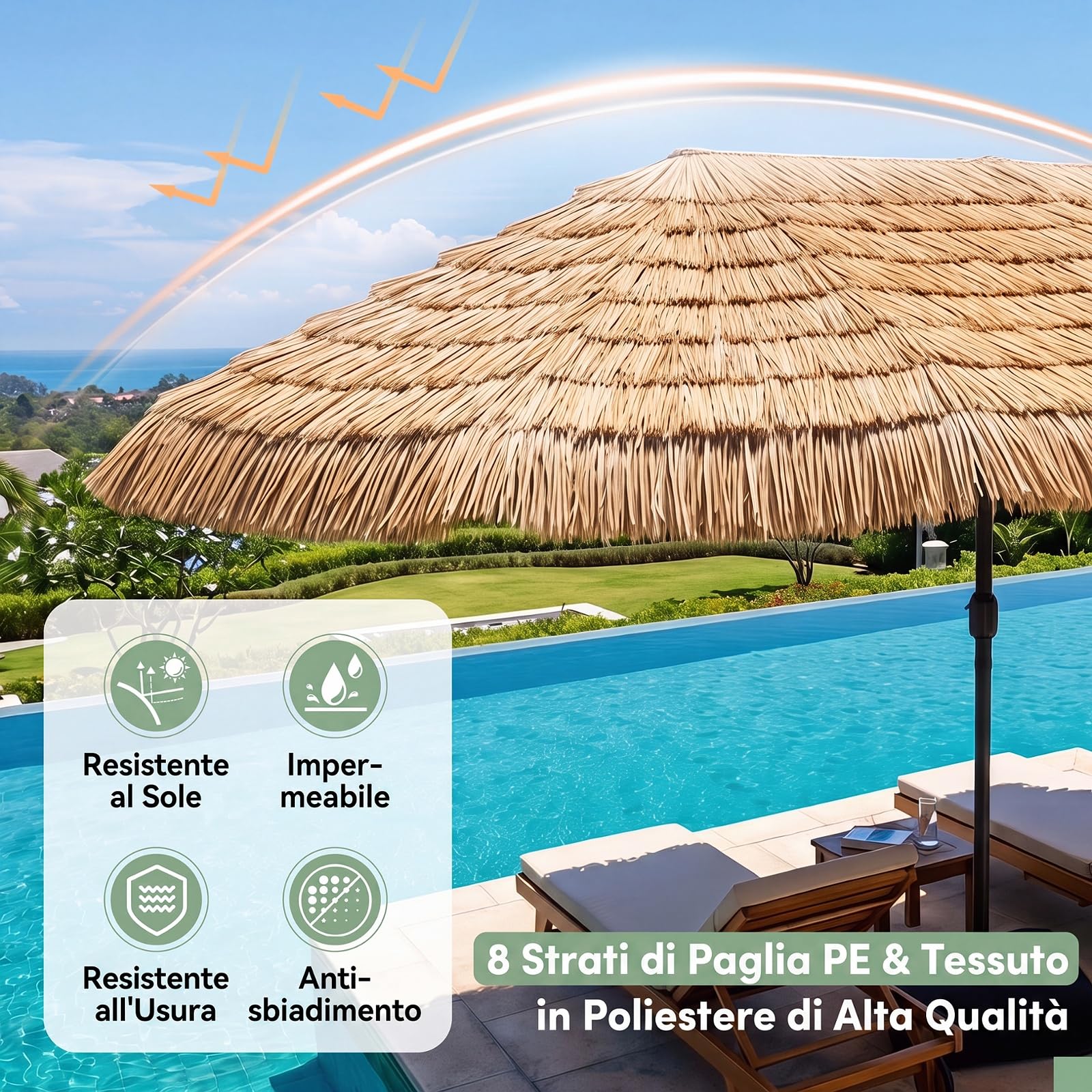 COSTWAY Ombrellone da Giardino in Paglia 450 x 270 cm, con 12 Stecche | Manovella, Antivento, Pieghevole Portatile, Ombrellone Hawaiano per Giardino, Cortile e Piscina