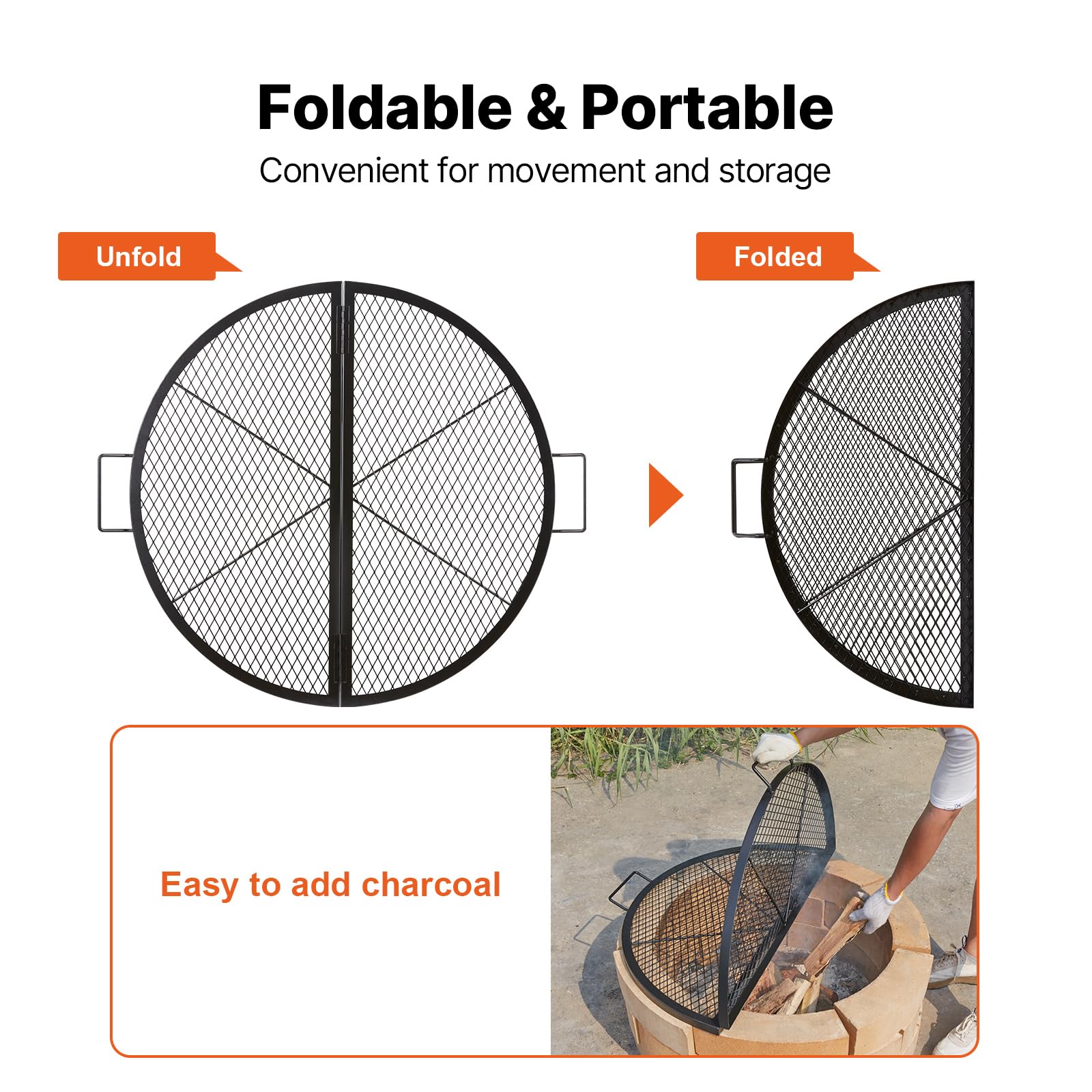 VEVOR Griglia per Barbecue in Acciaio Rotonda Portatile Pieghevole, Diametro 91 cm, Portata max. 20 kg, Materiale Utensili per BBQ Affumicatori, Braciere, Picnic, Campeggio, Viaggio, Giardino, Cortile