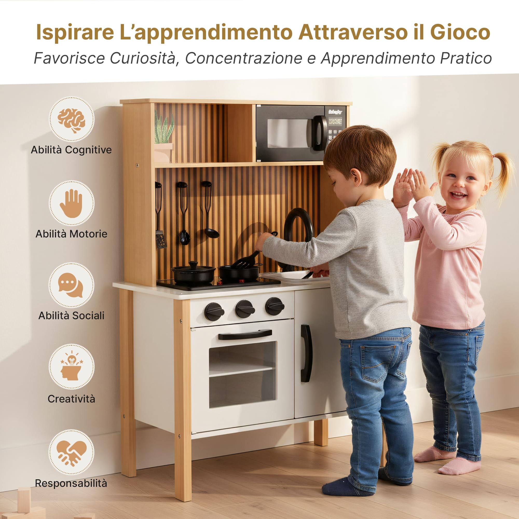 Cucina per bambini in legno con luce e suono - Cucina giochi con accessori, fornello, forno, lavello, microonde, cucina moderna in legno per bambini dai 3 anni in su, GS0070