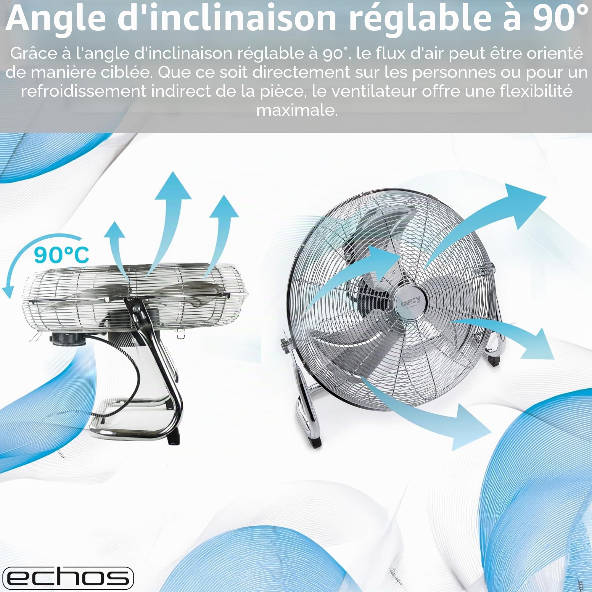 Echos® Ventilateur de sol en métal 46 cm - 100 W - Silencieux - 3 niveaux - Inclinable à 90° - Ventilateur industriel avec flux d'air puissant de 102 m³/min - Pour atelier, bureau et maison