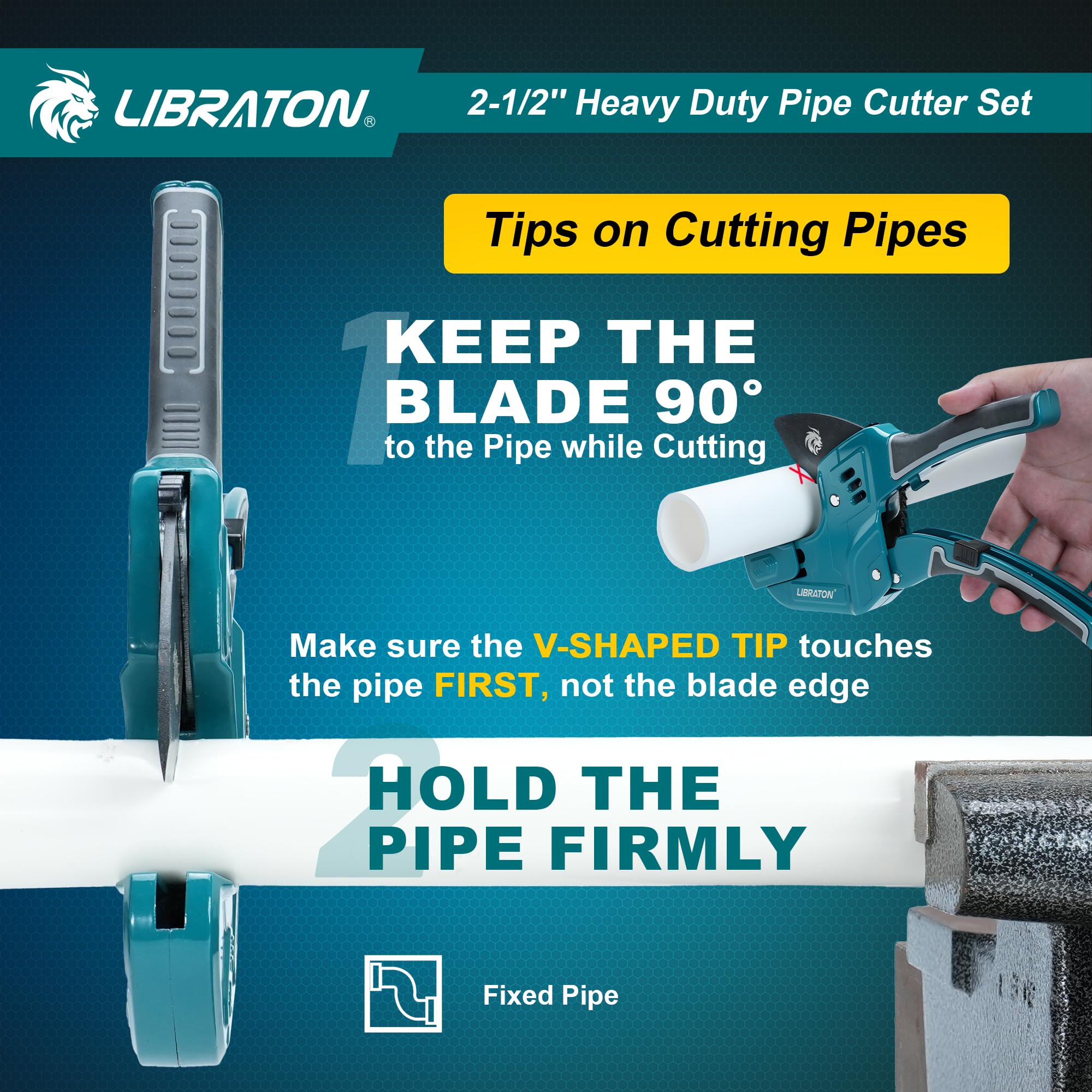 Libraton Coupe-tube PVC, 63mm Coupe-tube Plastique, Coupe-tube à Cliquet avec Lame Interchangeable & Outil D'ébavurage, pour Tubes PEX, PVC, PPR, Flexibles et Tuyaux de Plomberie