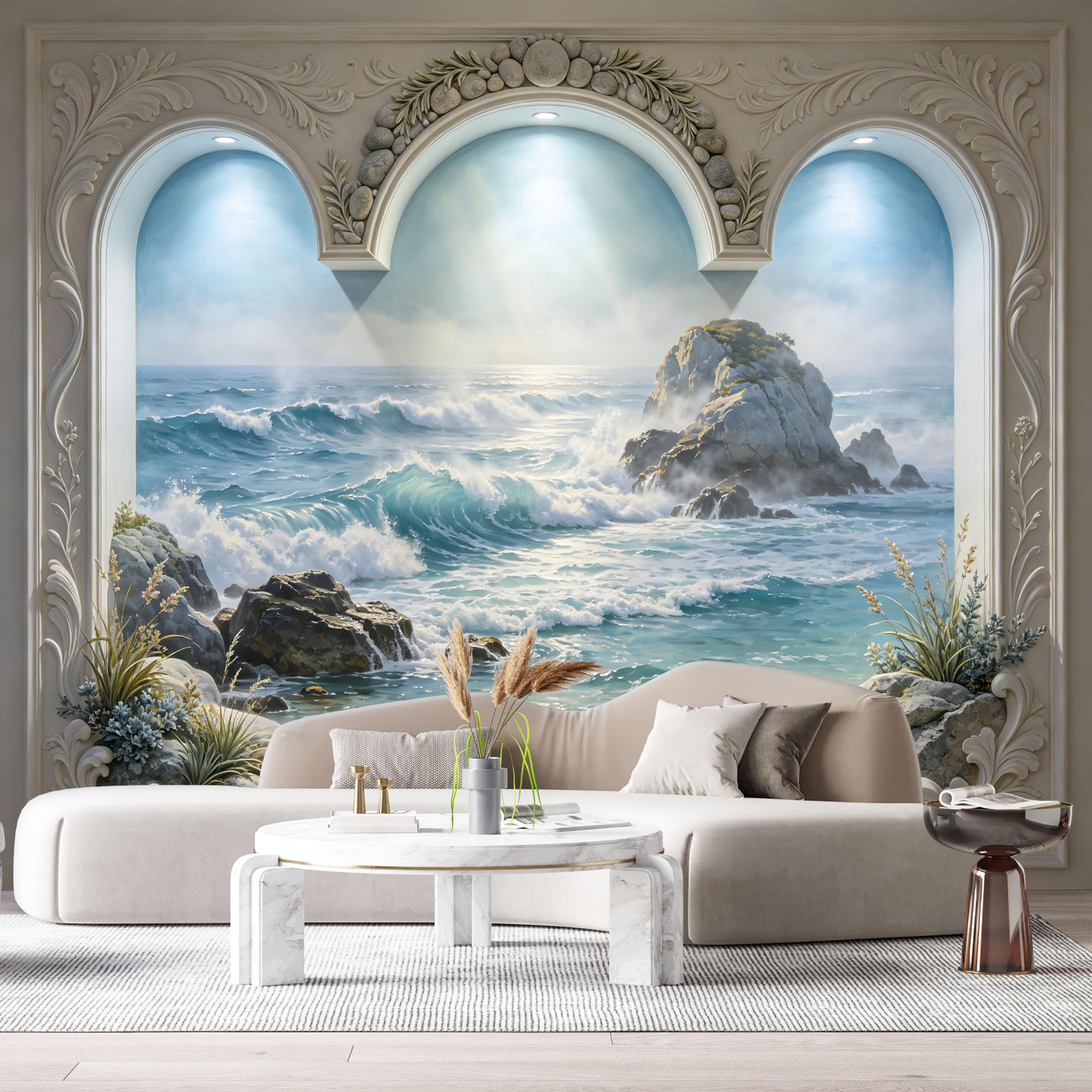 Custom Size Wall Murals Coastal Ocean Marine Arch Window 3D Trompe L'Oeil SelfAdhesiveWall Fabric Removable Wallpaper Wall Decor for Living Room Bedroom Bathroom