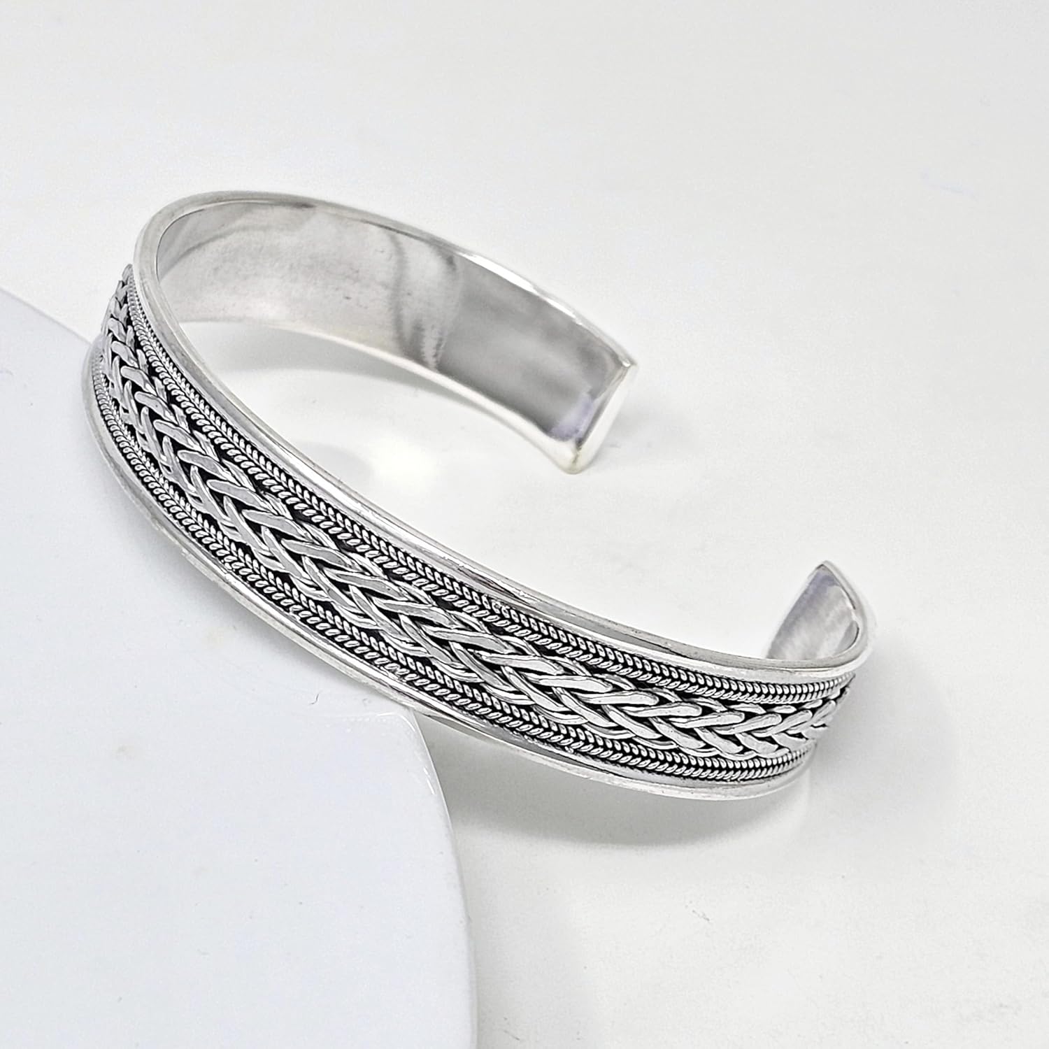 Men's Silver Bangle Bracelet | Classic Handmade 925 Sterling Silver Braided Cuff Bracelet