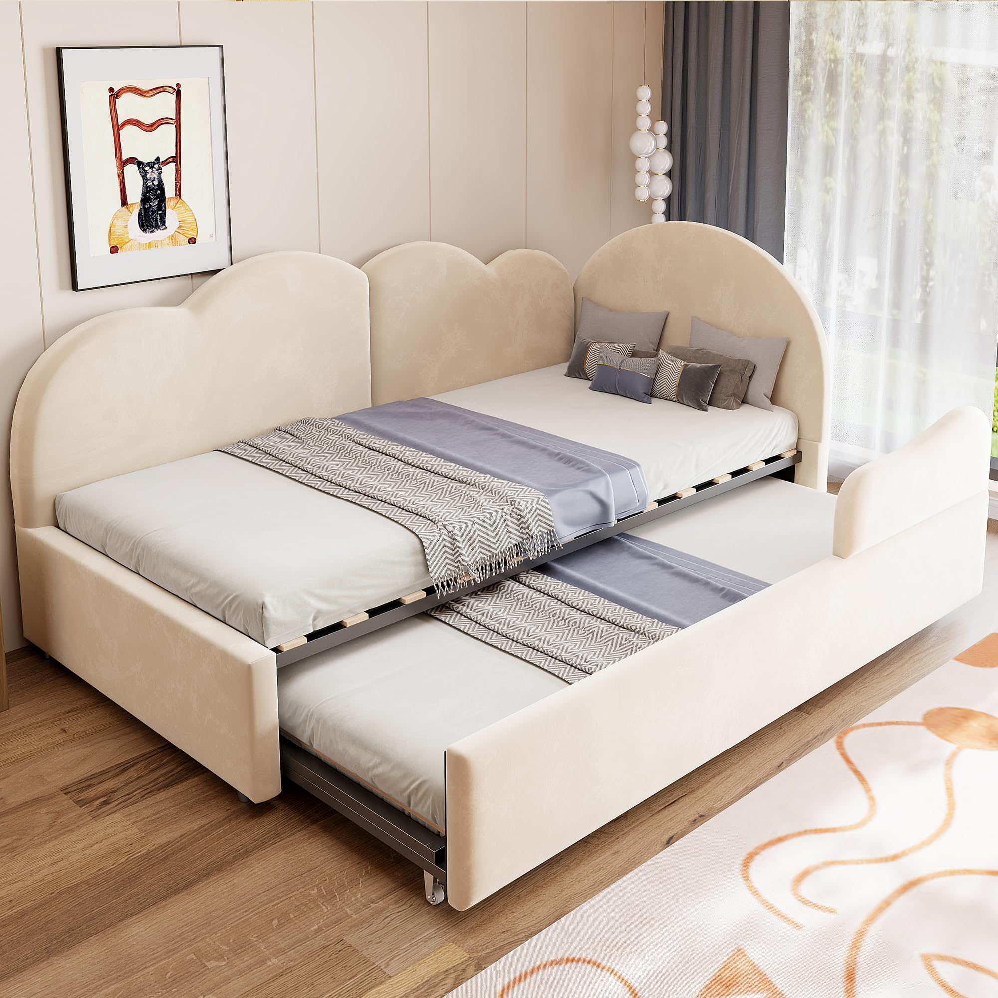 Łóżko tapicerowane (90 x 200 + 90 x 190 cm) w kształcie litery L z wysuwanym łóżkiem i zagłówkiem chmury, sofa do spania i łóżko dzienne z oparciem, do sypialni i pokoju gościnnego, aksamitne, beżowe
