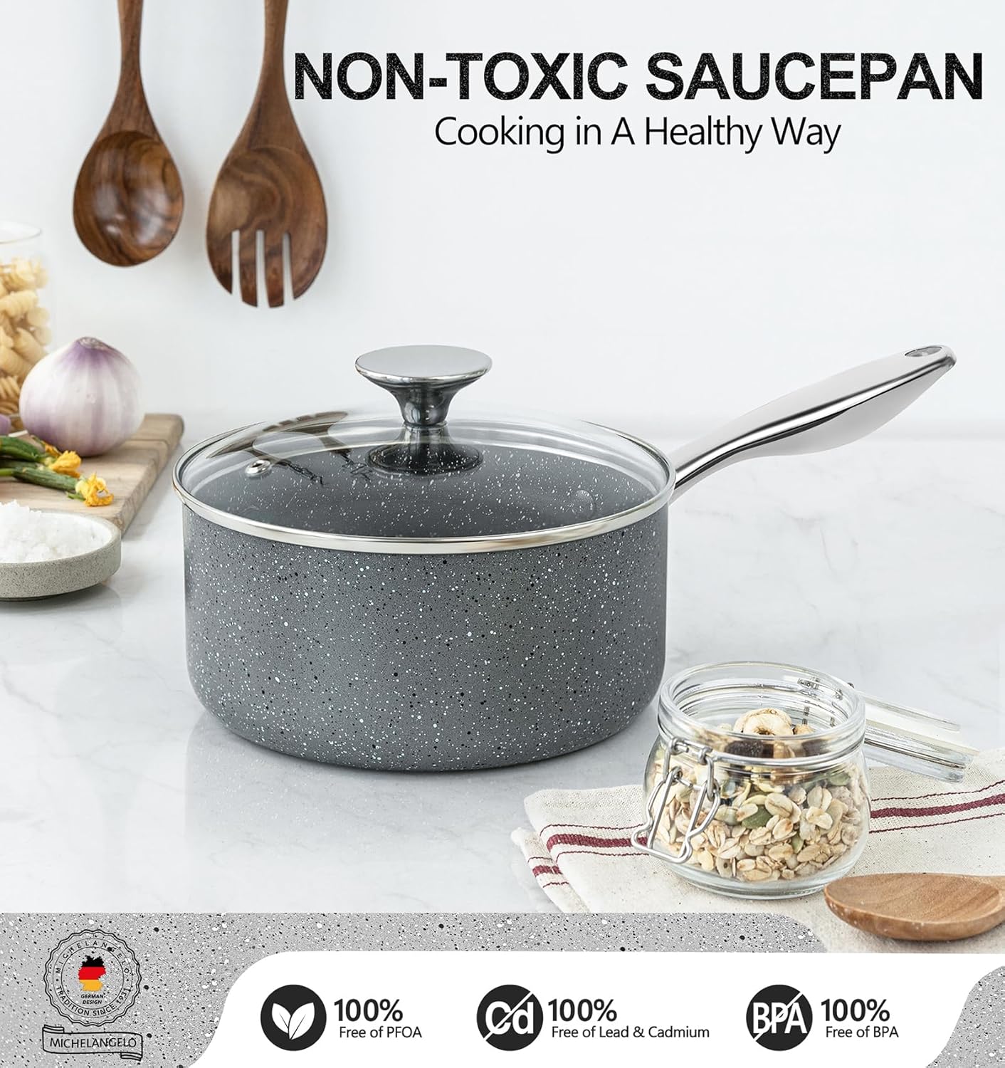 MICHELANGELO Sauce Pan with Lid, 1 Quart Saucepan with Lid Granite, Non Stick Sauce Pan with Stainless Steel Handle, 1 Qt Saucepan with Nonstick Coating, Grey - Image 3