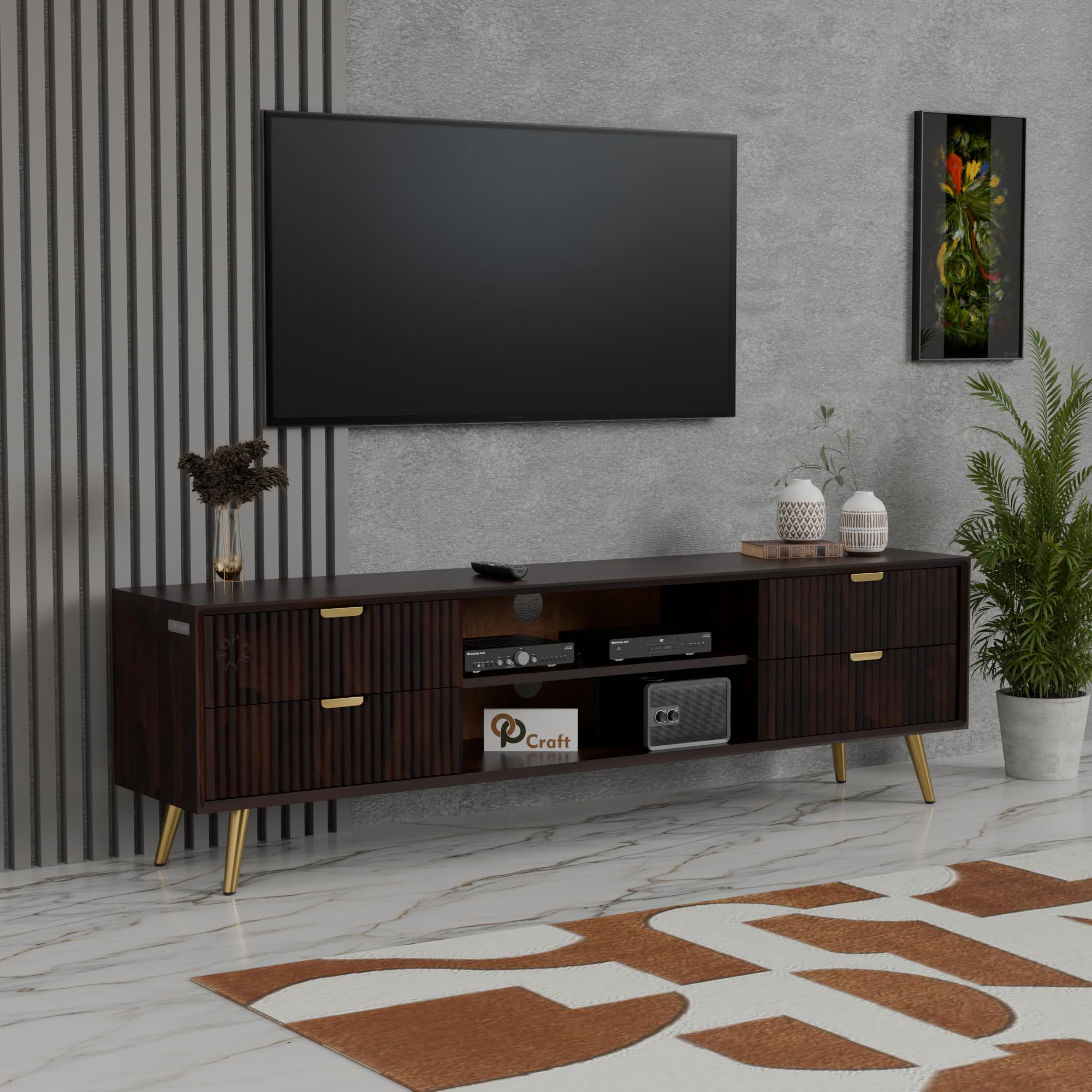Wooden TV Unit for Living Room | Modern Fluted Design Entertainment Center with Storage Drawers & Open Shelf | Solid Wood TV Cabinet Stand for Home (Walnut Finish)-image-43