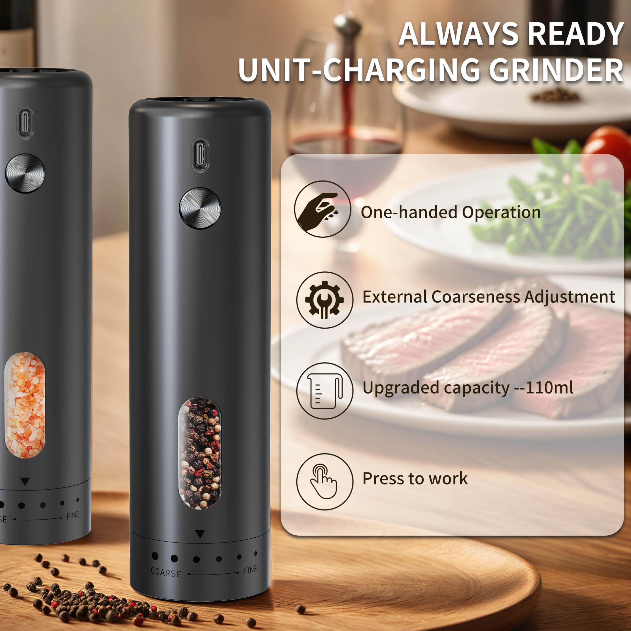 Macina Sale e Pepe Elettrico Set, Macina Spezie e Sale Grosso Elettrico con Base, Macinapepe Grinder in Ceramica Rugosità Regolabile, Set Trita Spezie Automatici Ricaricabile USB per Cucina e Tavola