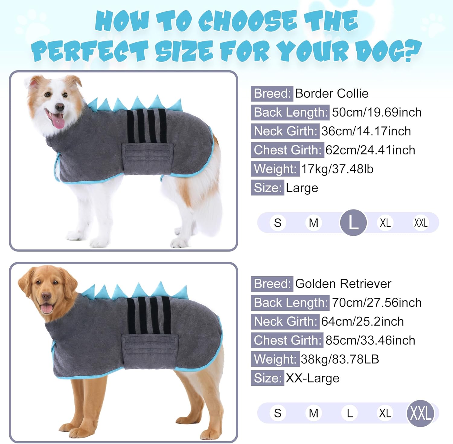 Super Absorbent Dog Bathrobe, Microfiber Bath Robe Towel for Fast Drying, Cozy Fit, Adjustable Belly Strap, Unique Dinosaur Design Dog Drying Coat for Bath, Rainy Walks & Cold Weather