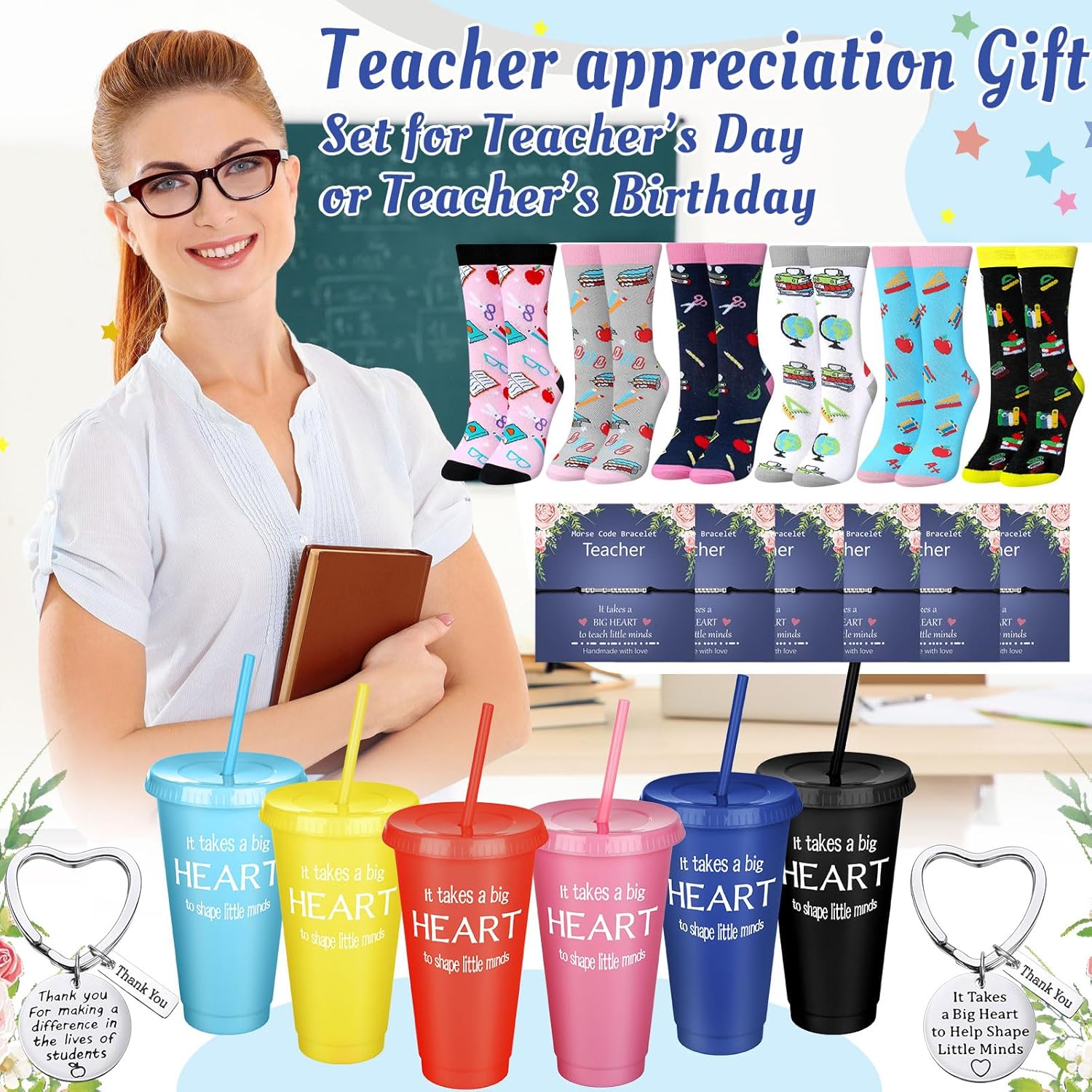 Skylety 24 Pcs Teacher Appreciation Gift Set Teacher Gifts from Student It Takes a Big Heart Plastic Cups Teach Love Inspire Socks Keychains Bracelets Graduation Gifts - Image 3