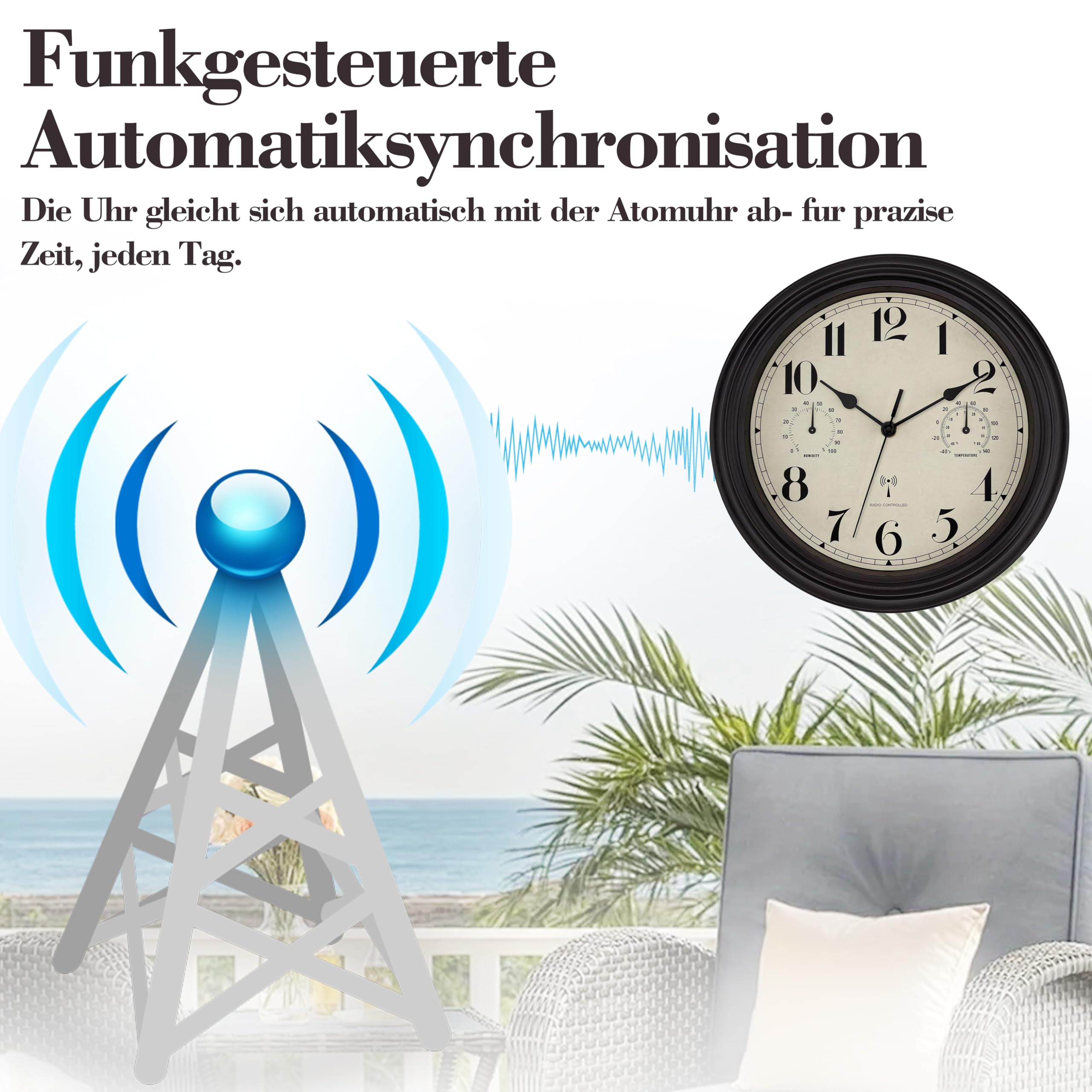 Foxtop Radiowy zegar ścienny, do użytku wewnątrz i na zewnątrz, odporny na warunki atmosferyczne, zegar ścienny ze wskaźnikiem temperatury i higrometrem, bez odgłosów tykania, bezgłośny, zegar retro