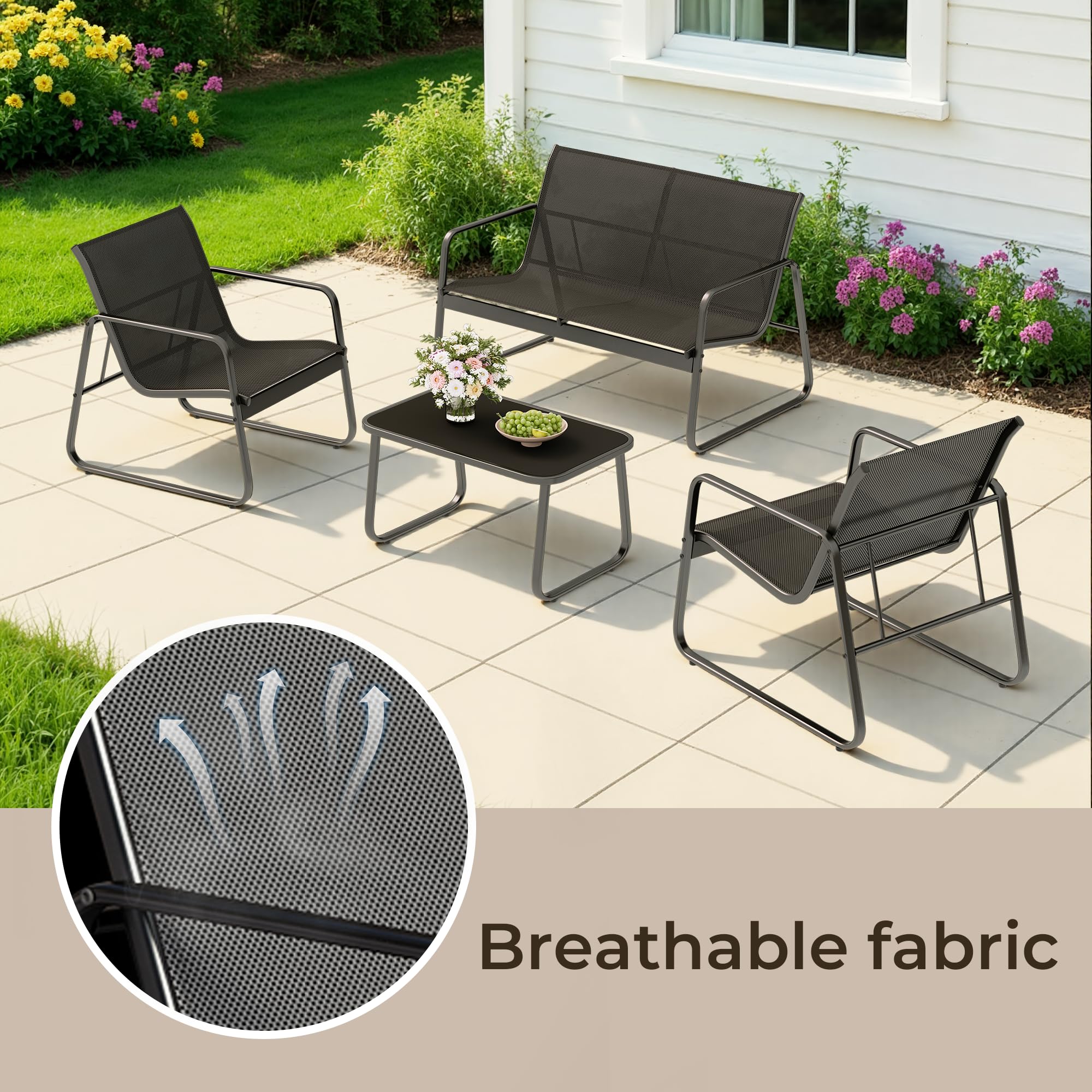 Conjunto de Jardín de 4 Piezas, con 3 Sillones y Mesa de Cristal, Muebles de Exterior para Patio, para Todas Las Estaciones, Terraza, Jardín, Balcón y Exteriores, Negro (Ensemble de 4 pièces)
