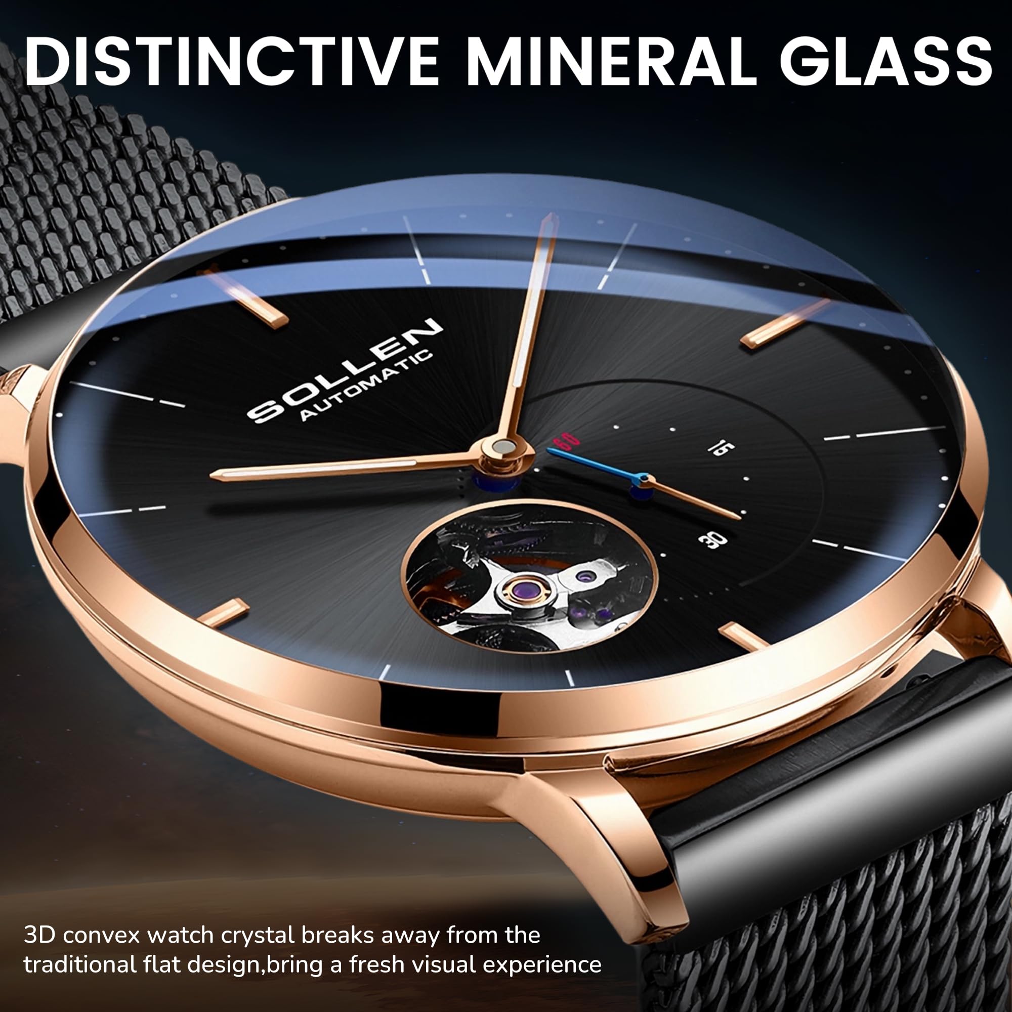 SOLLEN Relojes automáticos de esqueleto para hombre, relojes mecánicos minimalistas negros con manecillas luminosas y segunda subesfera, acero inoxidable, impermeable, elegante, de lujo, para uso