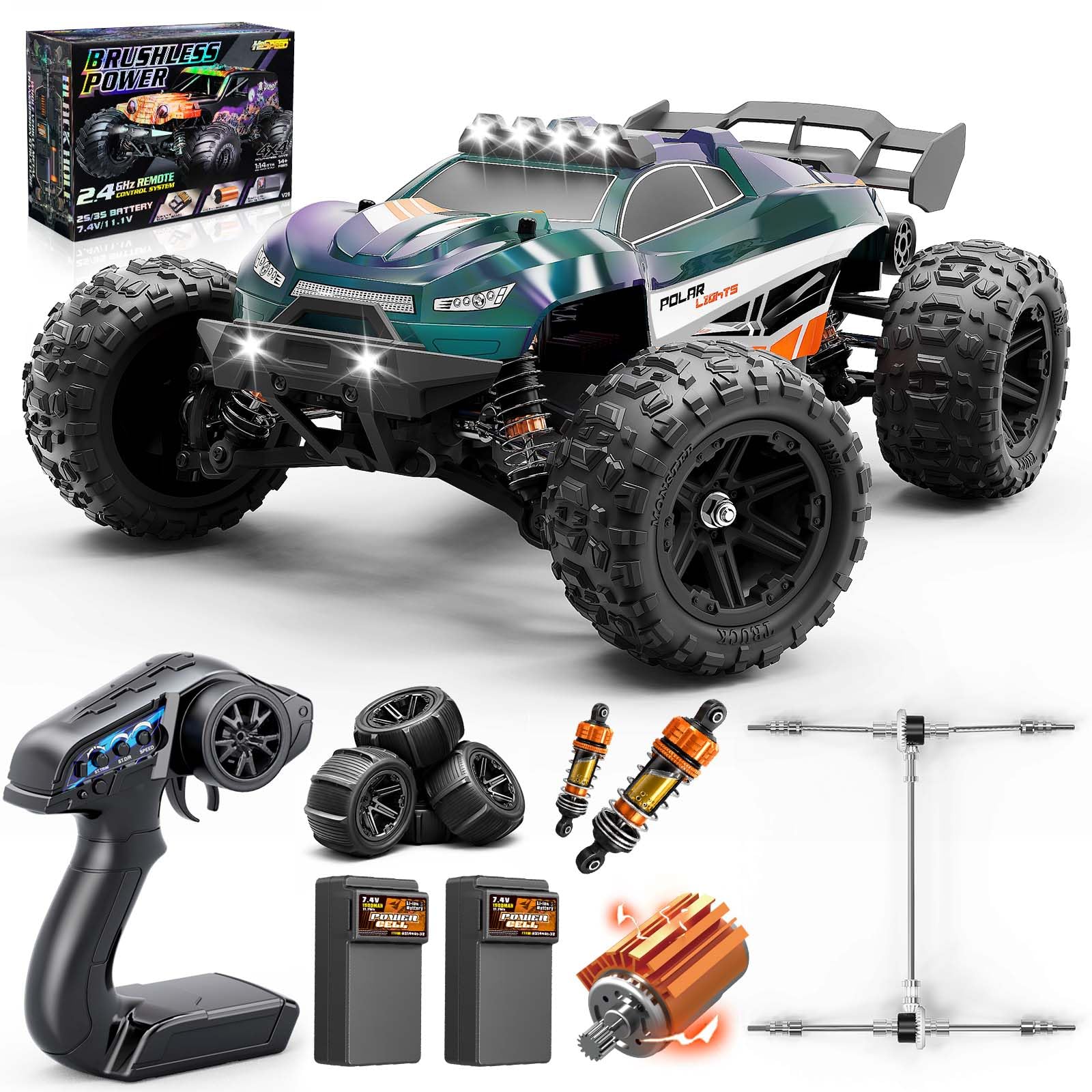 Macchina Telecomandata Adulti 1:14 Brushless Auto RC/RC Car 4WD 52 km/h, Ammortizzatori Idraulici, Trasmissione in Metallo, 2 Batterie 1500mAh, 2 Set di Gomme, LED, Upgrade 3S fino a 70 km/h
