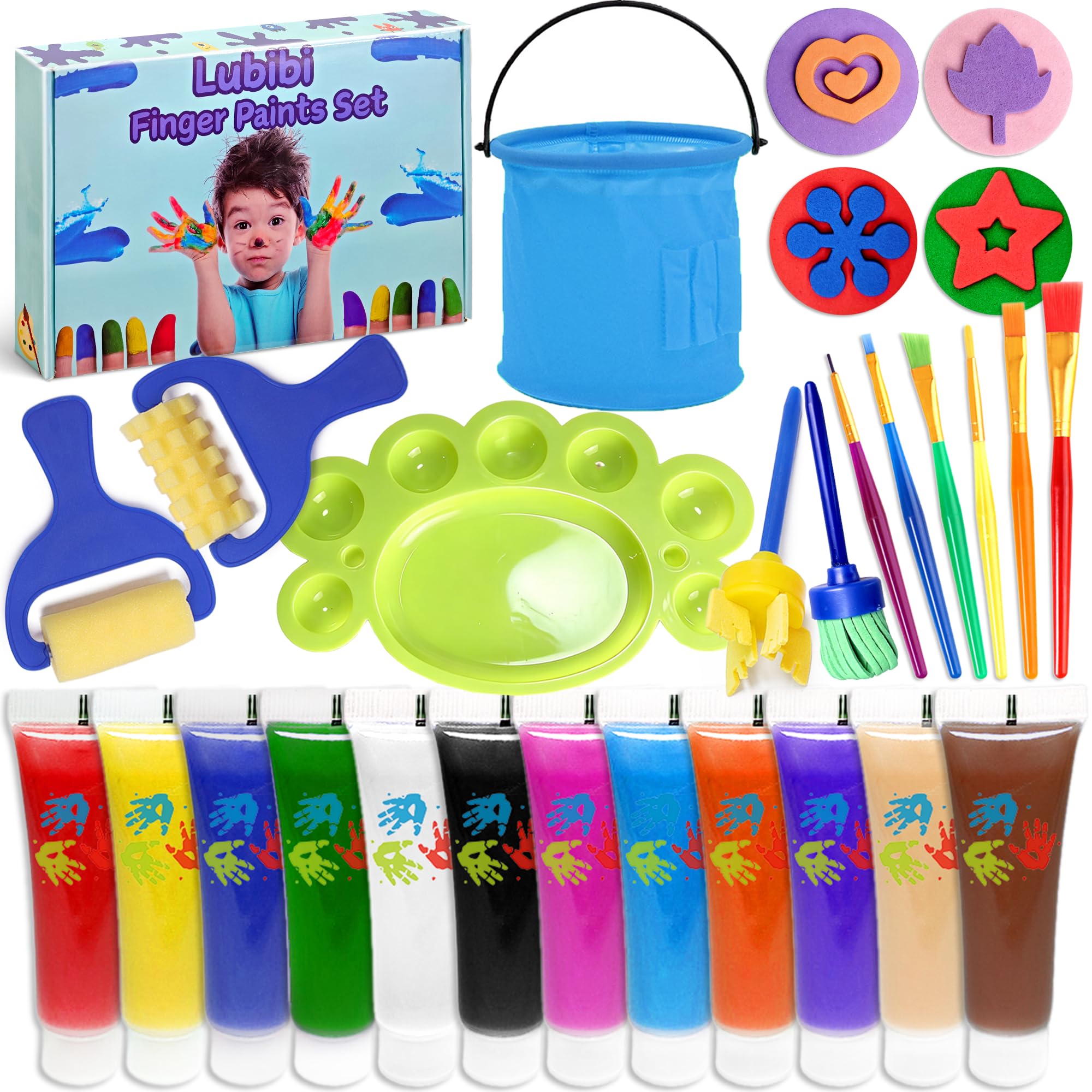Lubibi Washable Finger Paint Set,12 Colors Art Painting Kits,Non-Toxic and Baby Safe,Drawing Toys Painting Tool for Kindergarten School Home,Toddlers Children Drawing Gift