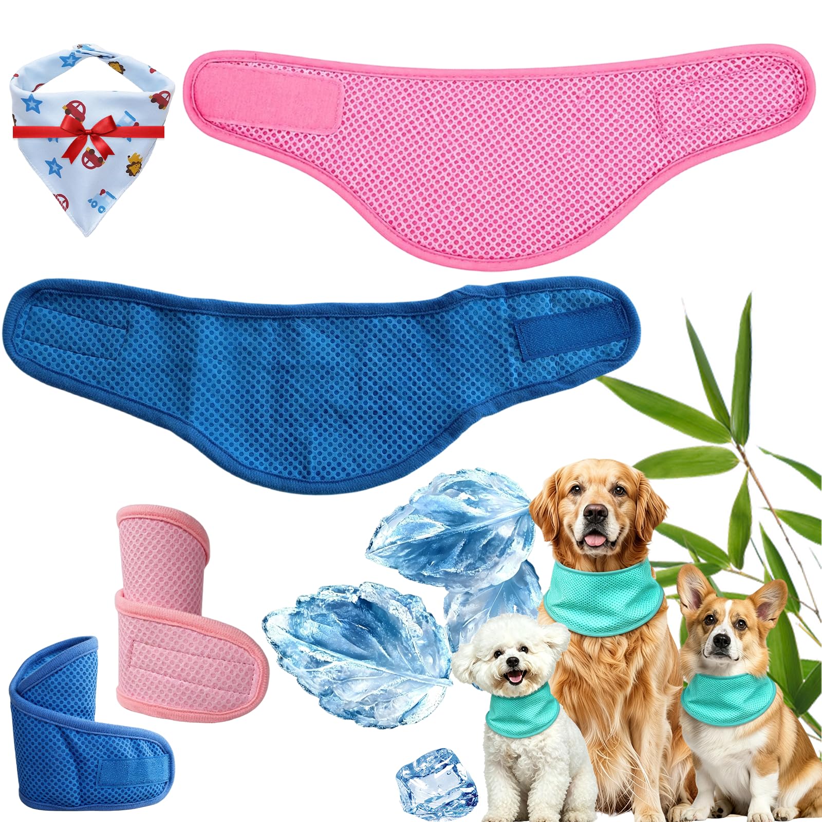 Dog Cooling Bandana, Breathable Mesh Summer Dog Cooling Collar For Medium Dogs Puppies, Instant Chill Self-Cooling Adjustable Pet Scarf Collar For Summer Outdoor Walks (Blue+Pink, M:30-40CM)