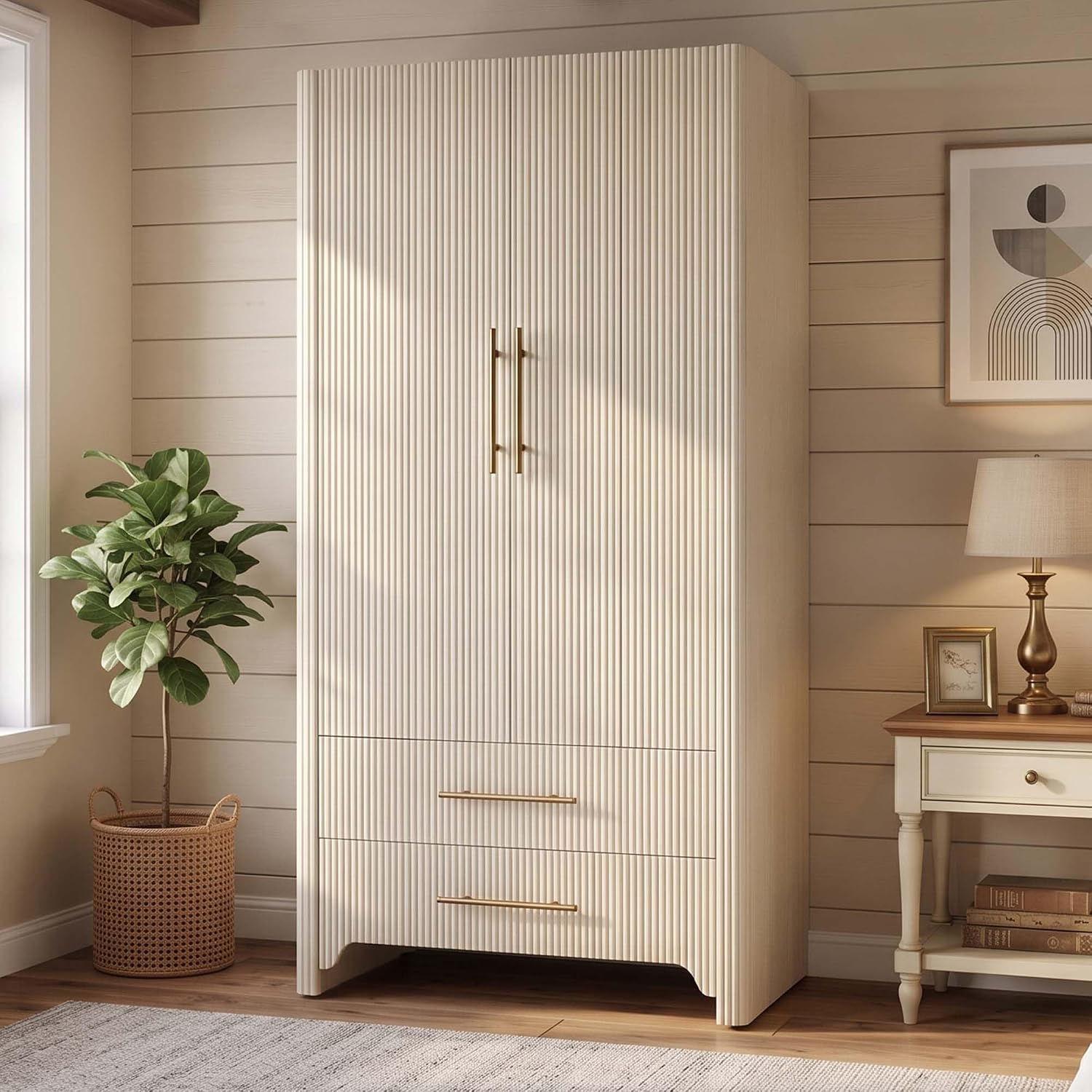Solid Wood Armoire Wardrobe Closet, Wave Panel Closet with Drawers White