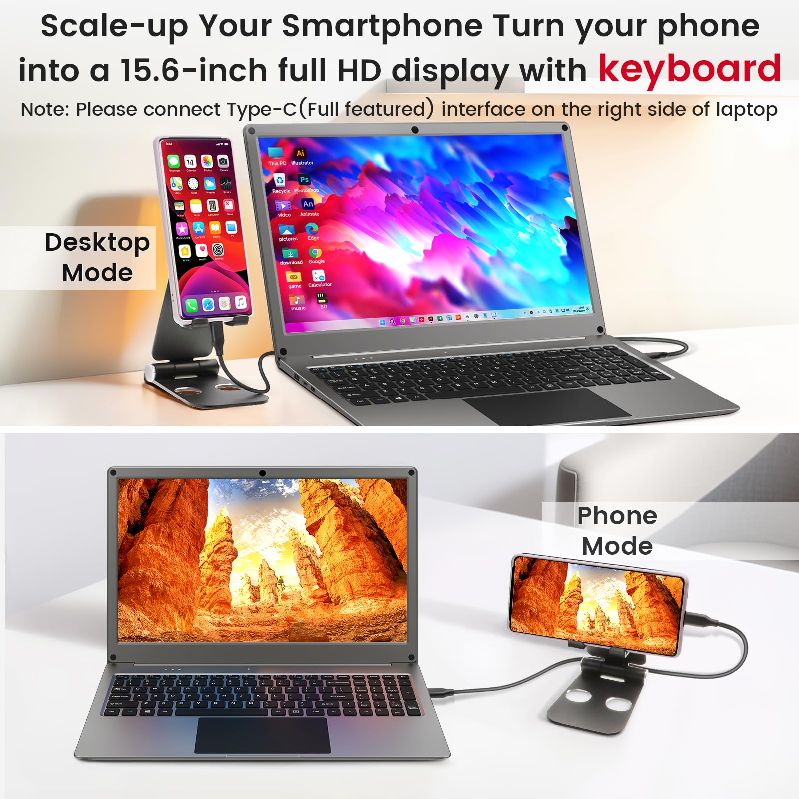 Portable Monitor with Keyboard, 15.6 Inch Lapdock Display with 6000mah Built-in Battery,CrowView Note 1080P FHD USB C Monitors with RPi5 Adapters Compatible with RPi5, PC, Phone, Mac, Game Console — view 3