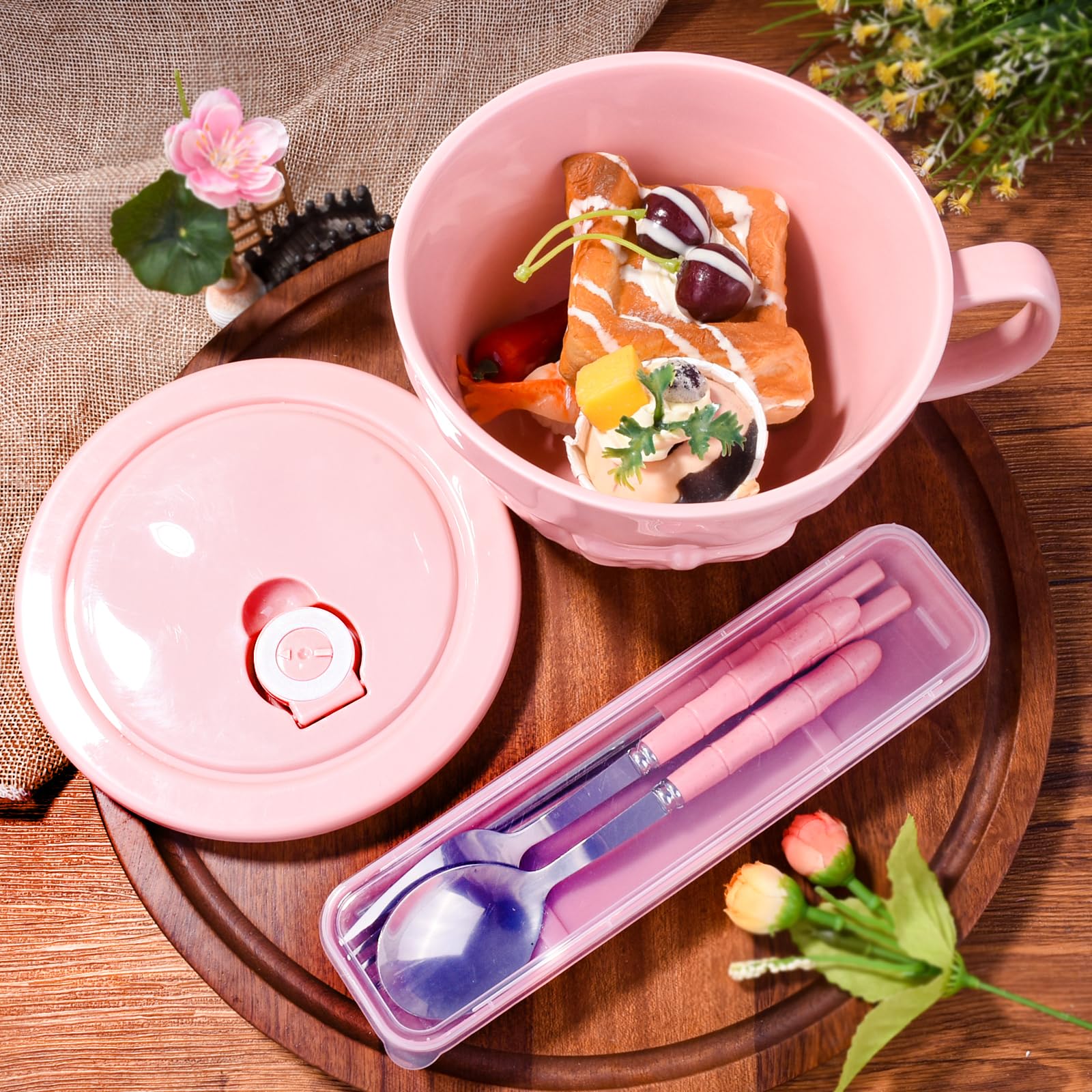VanEnjoy 30oz Ceramic Bowl With Lid - Cherry Blossom Snowflake Design, Microwave Safe, Anti-Scald Handle - View #8